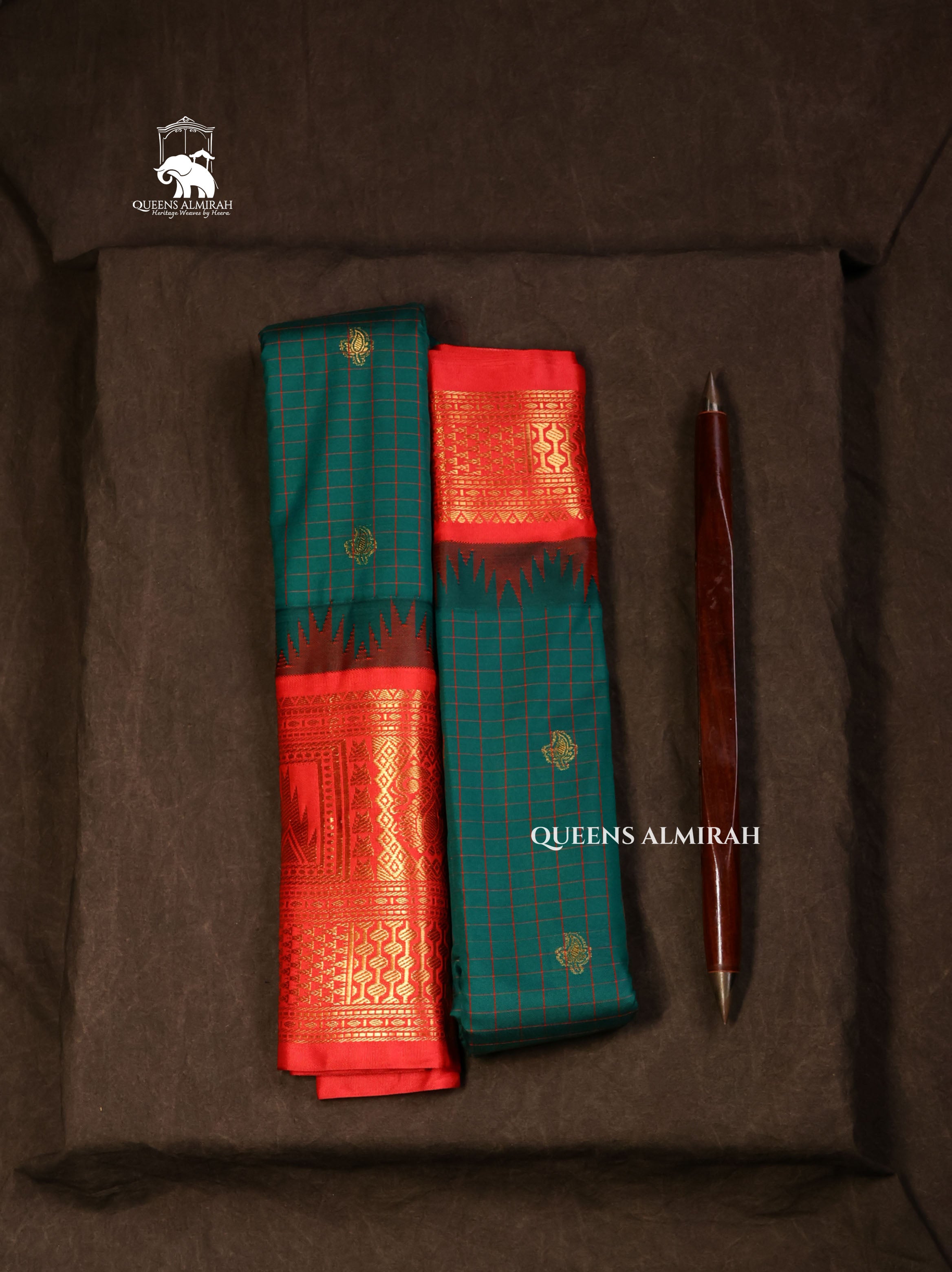 Dark Green With Red Semi Gadwal Silk Saree