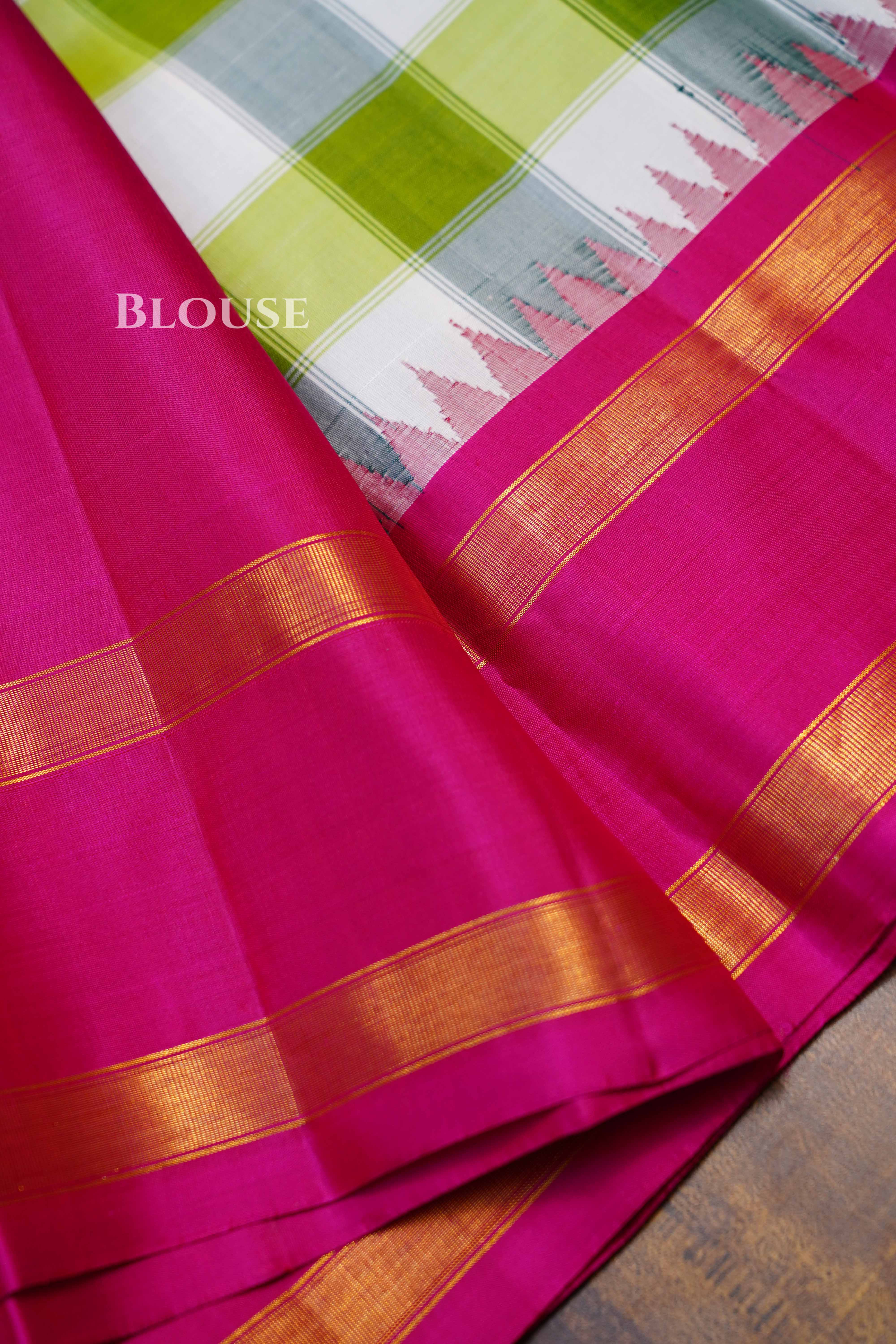 Olive Green And White Checks With Pink Border Kanchivaram Silk Saree