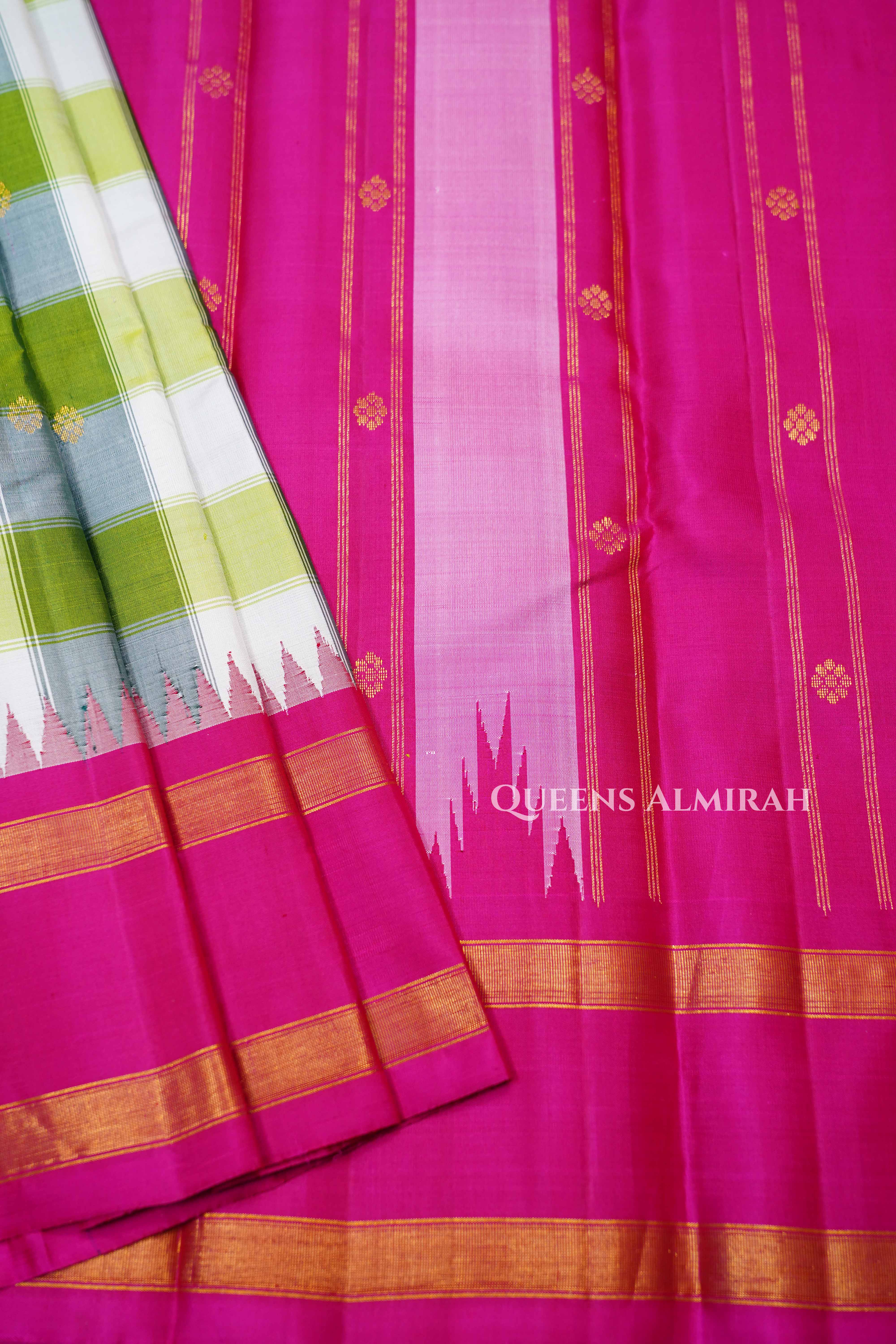 Olive Green And White Checks With Pink Border Kanchivaram Silk Saree