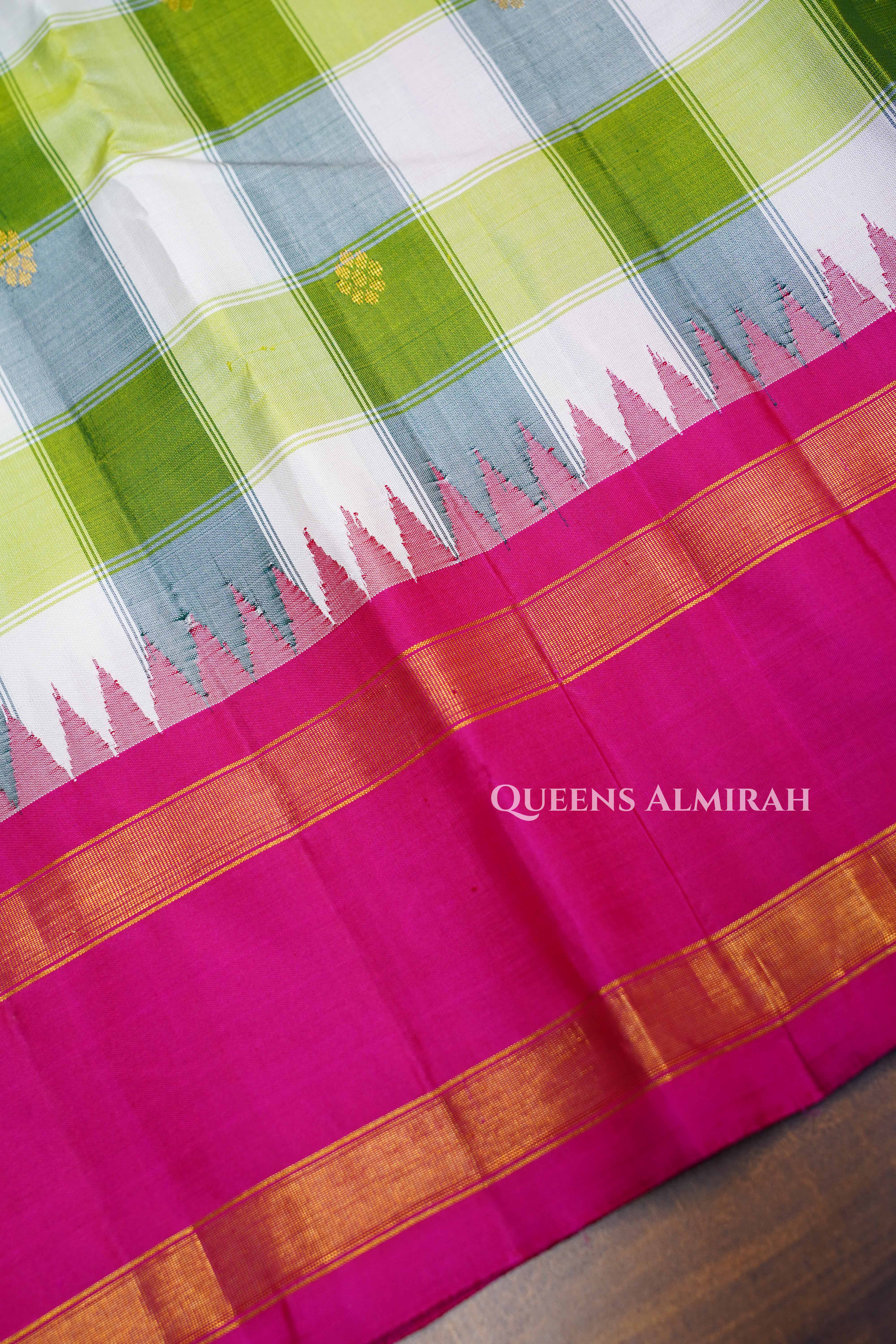 Olive Green And White Checks With Pink Border Kanchivaram Silk Saree