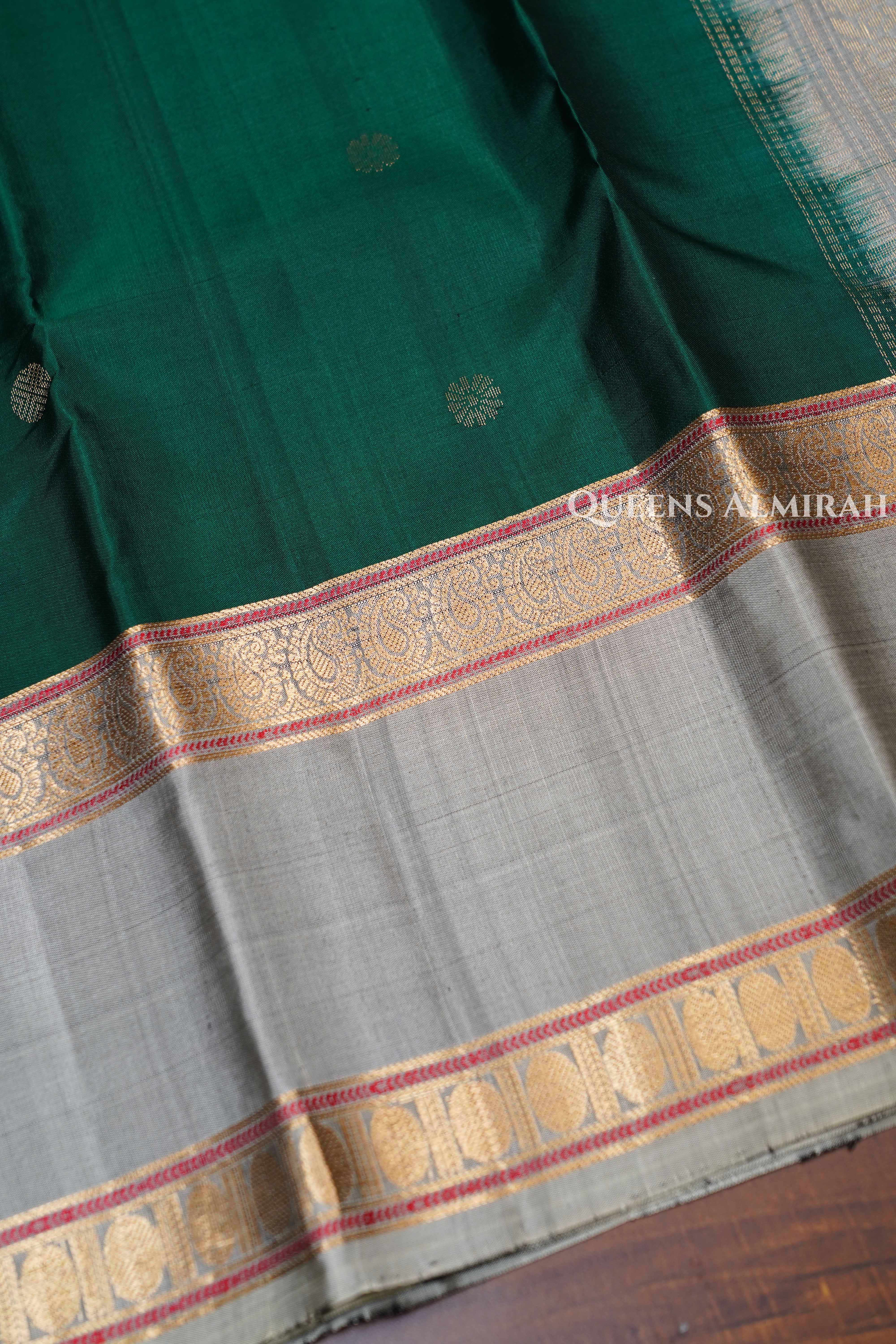 Dark Green With Ash Grey Pure Kanchivaram Silk Saree