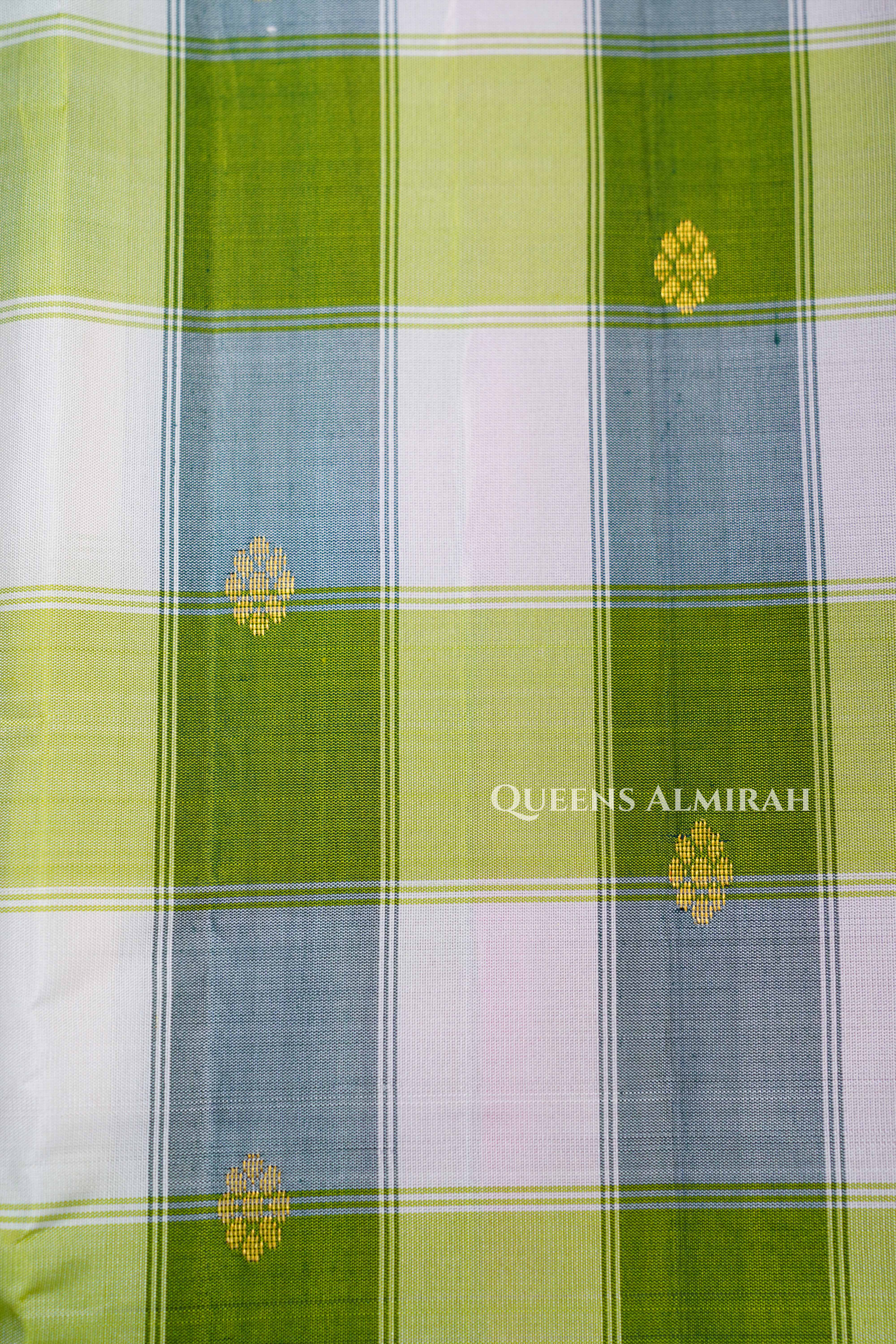 Olive Green And White Checks With Pink Border Kanchivaram Silk Saree