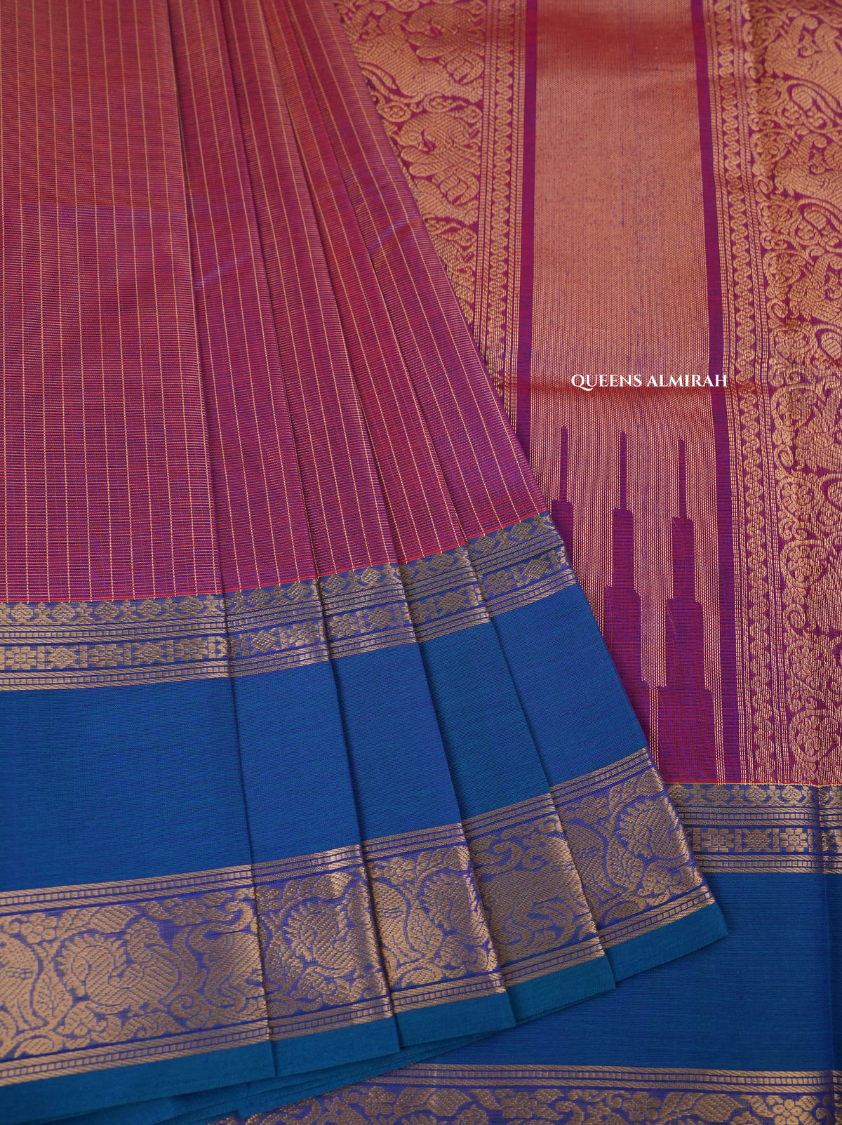 Magenta Pink With Peacock Blue  Payadi Chettinad Silk Cotton Saree