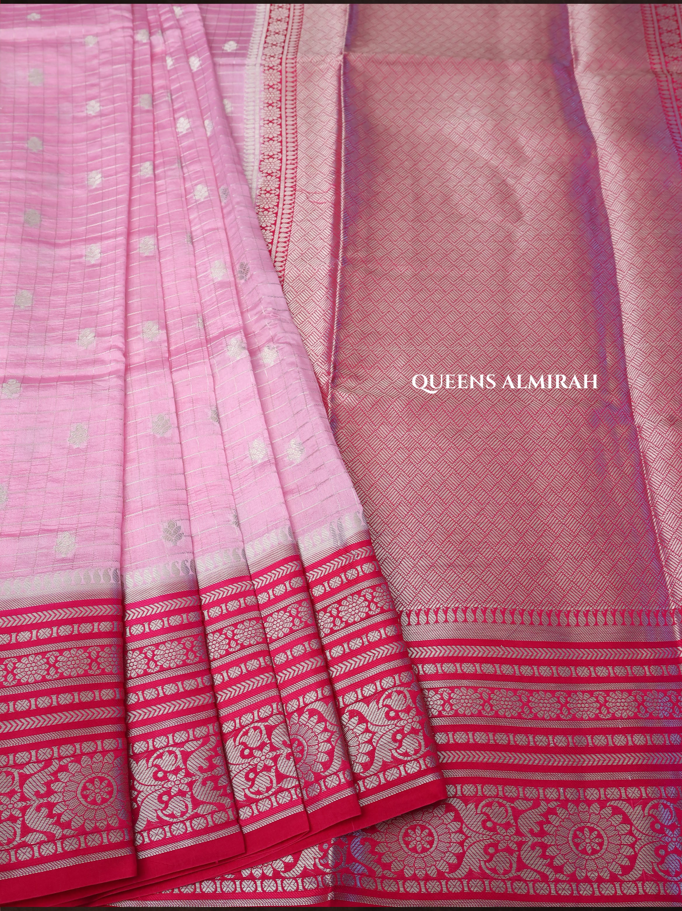 Rose Milk Pink With Rani Pink Semi Banarasi Silk Saree