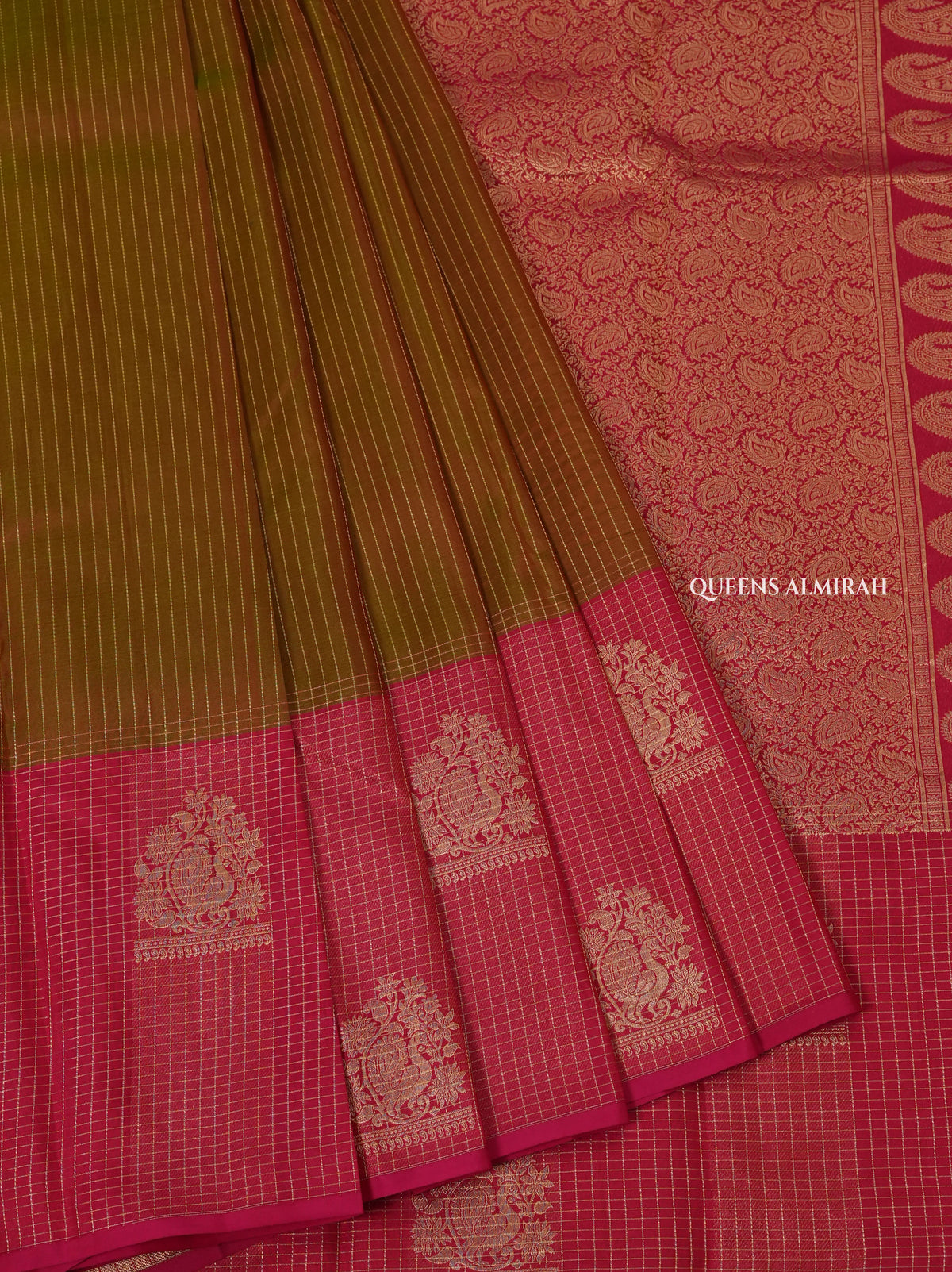 Mehandi Green With Rani Pink Pure Kanchivaram Silk Saree