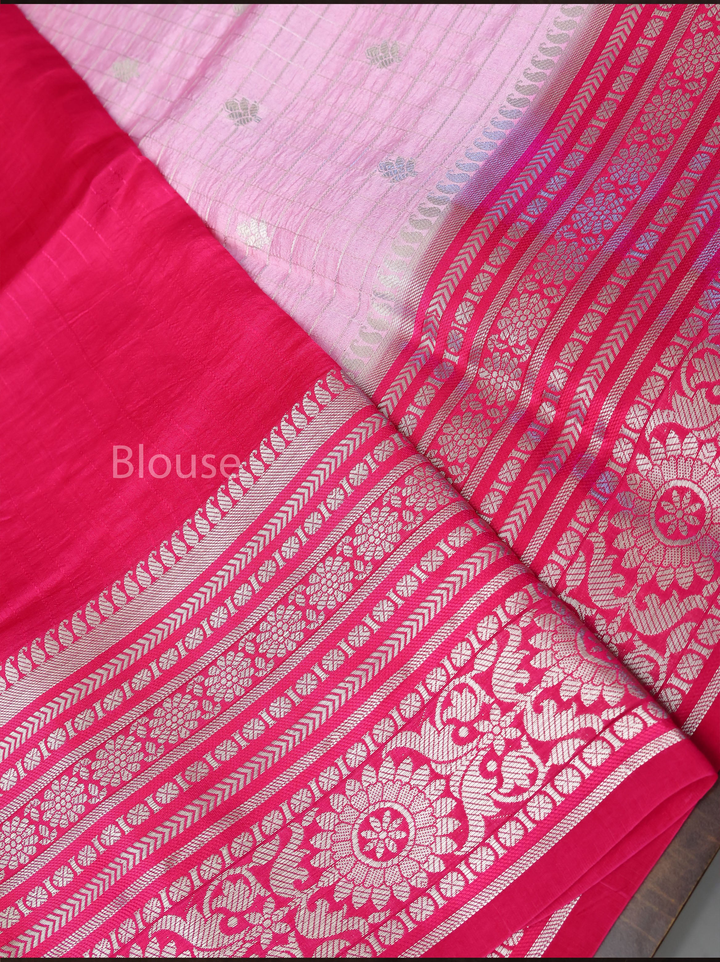 Rose Milk Pink With Rani Pink Semi Banarasi Silk Saree