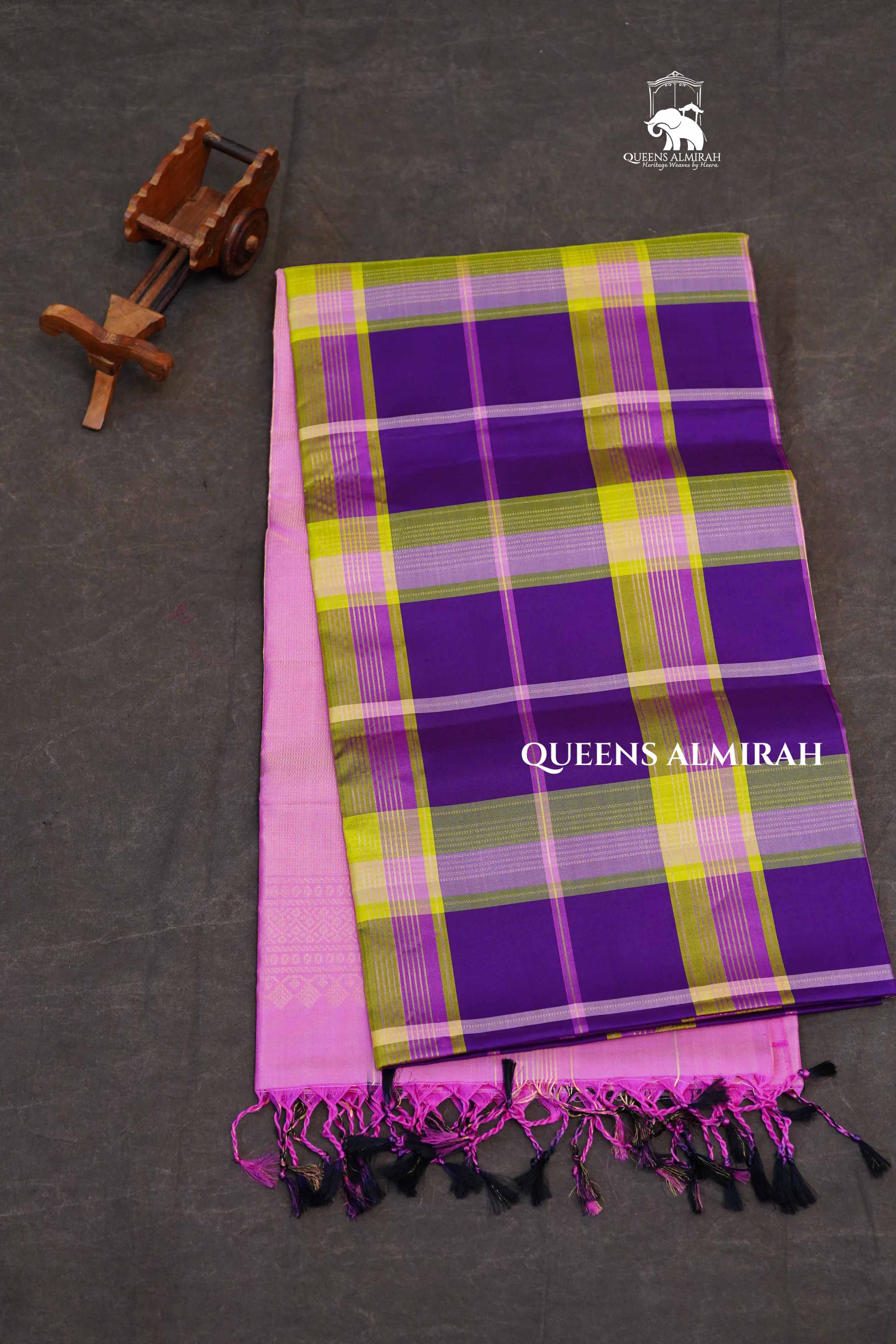 Purple With Green Burberry Checks Pure Soft Silk Saree