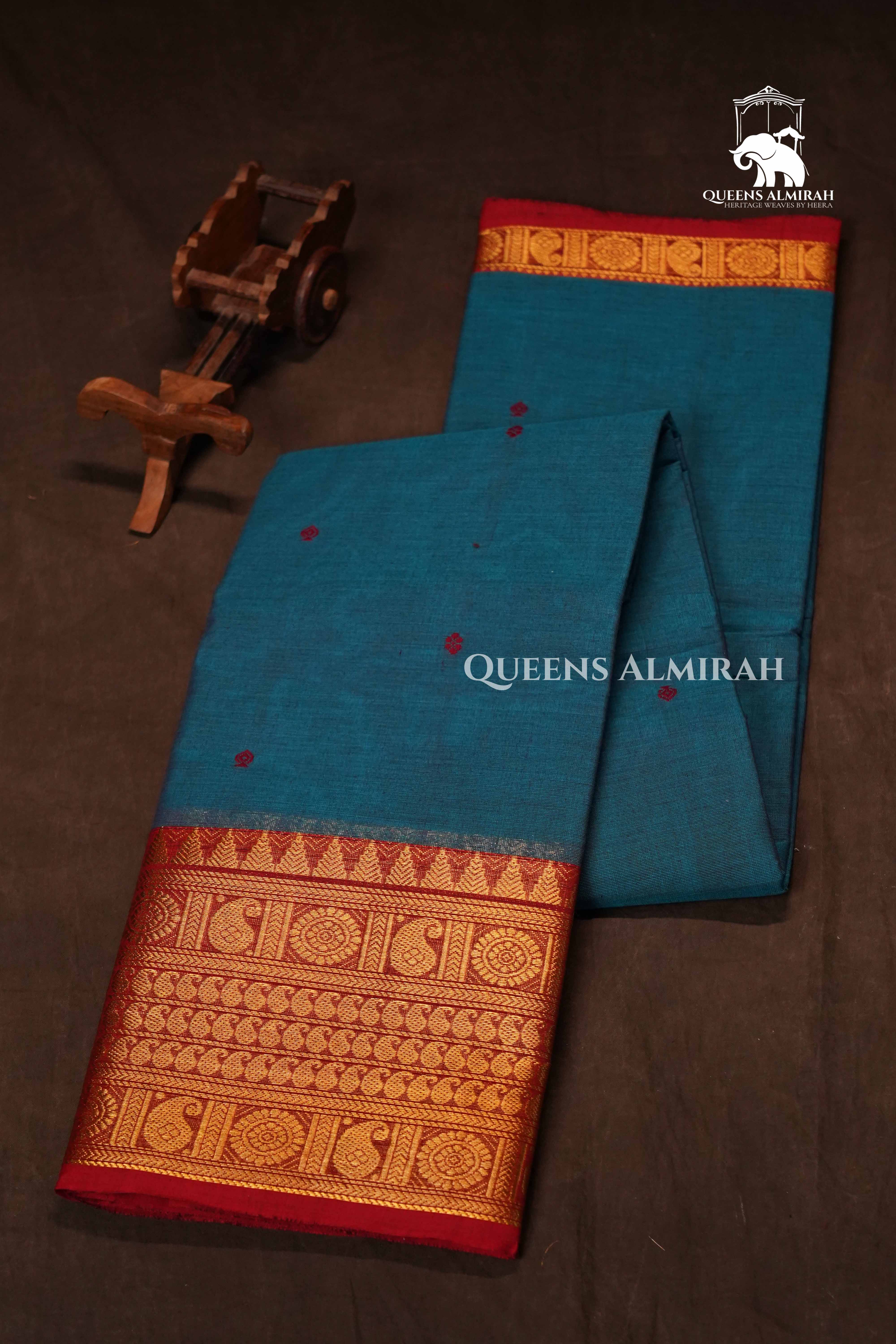 Aqua Blue With Red Kanchi Cotton Saree