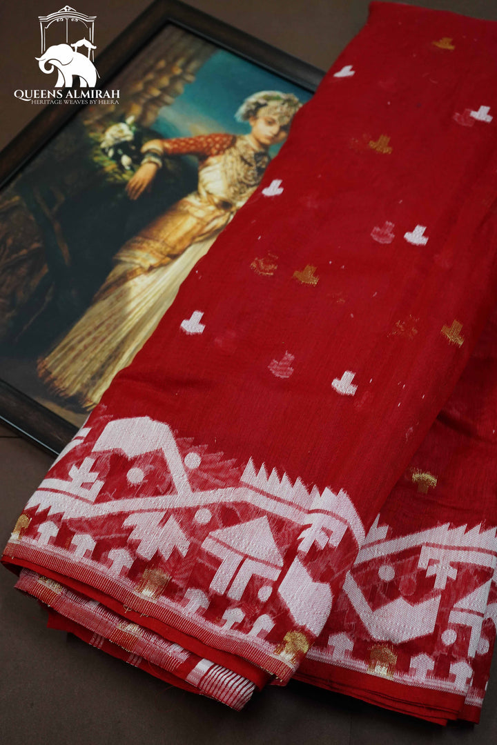 CHERRY RED JAMDANI COTTON SAREE - Queens Jewel Emporium