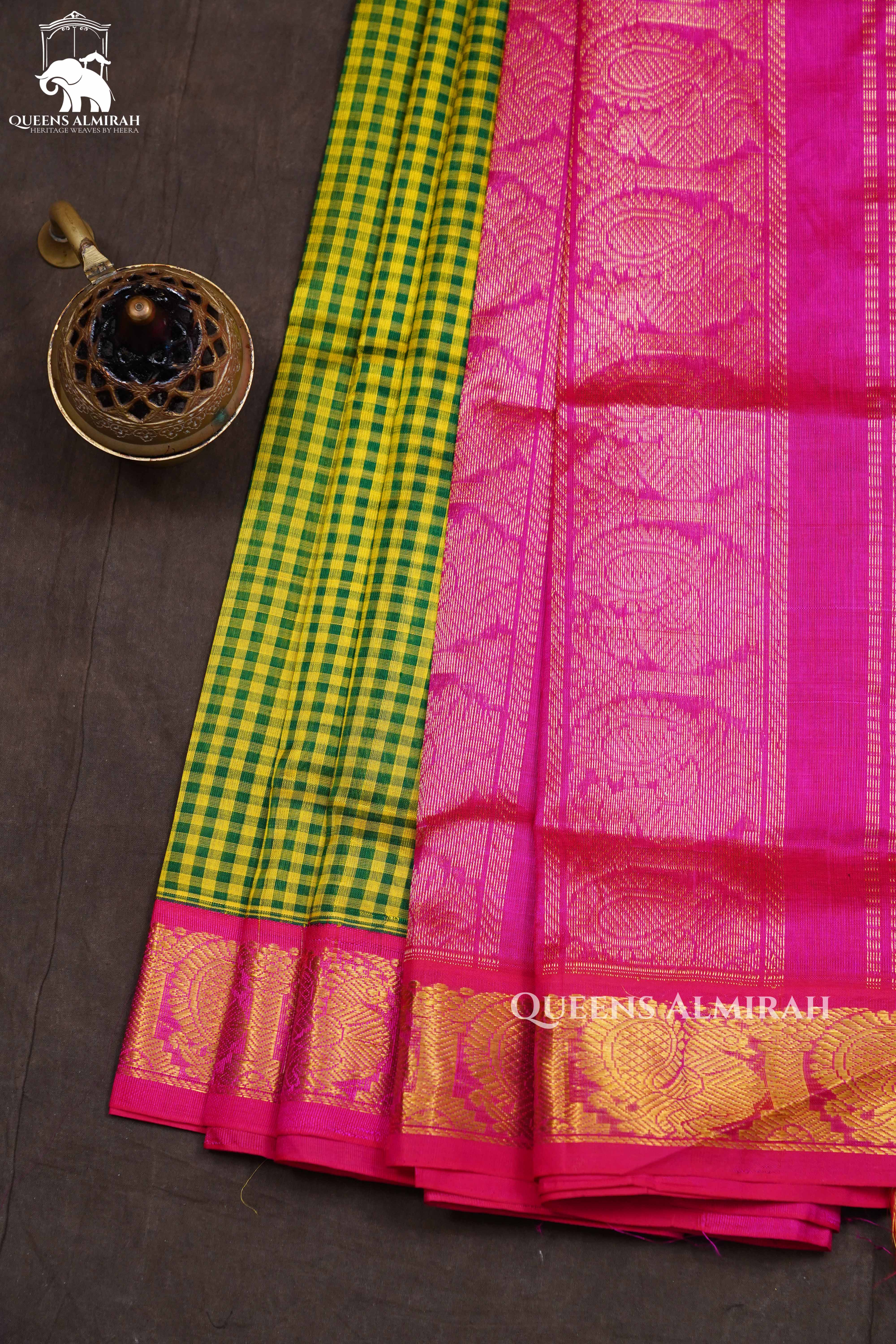 Green Checked With Pink Pure Silk Cotton Saree