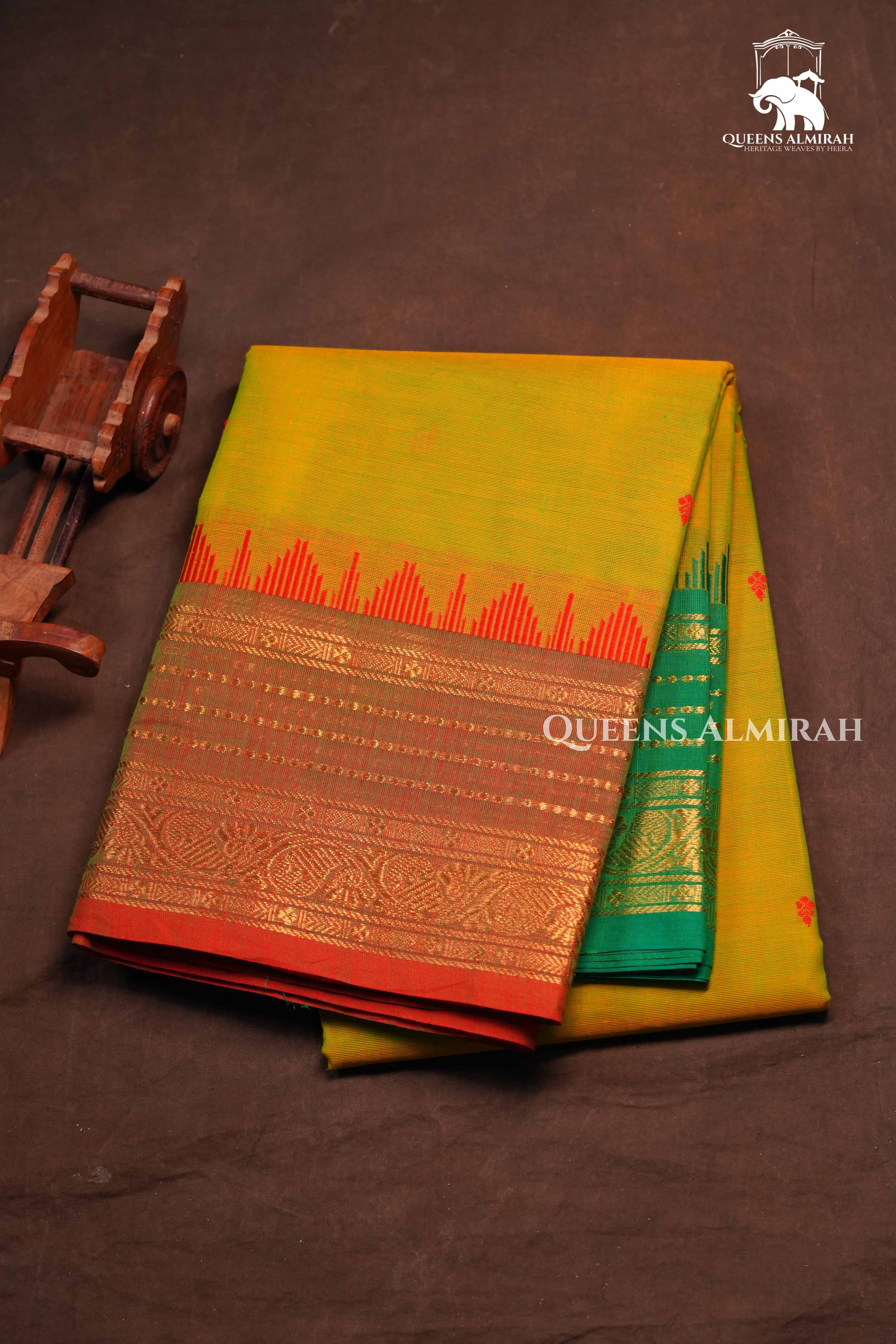 Greenish Yellow With Ganga Jamuna Border Kanchi Cotton Saree