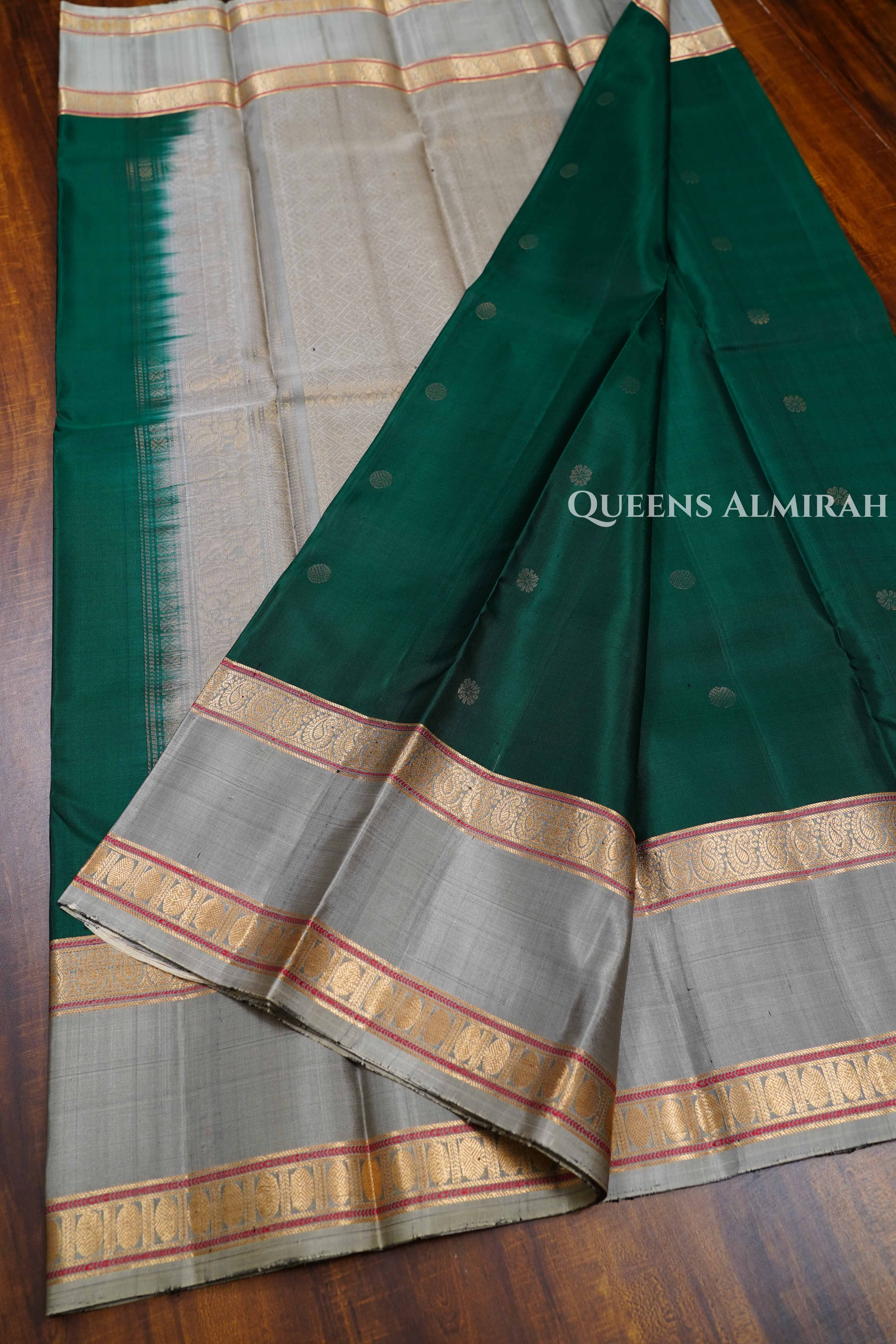 Dark Green With Ash Grey Pure Kanchivaram Silk Saree
