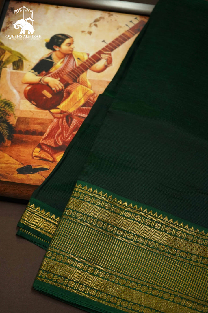 PINE GREEN WITH WOVEN BORDER MANGALGIRI SAREE - Queens Jewel Emporium