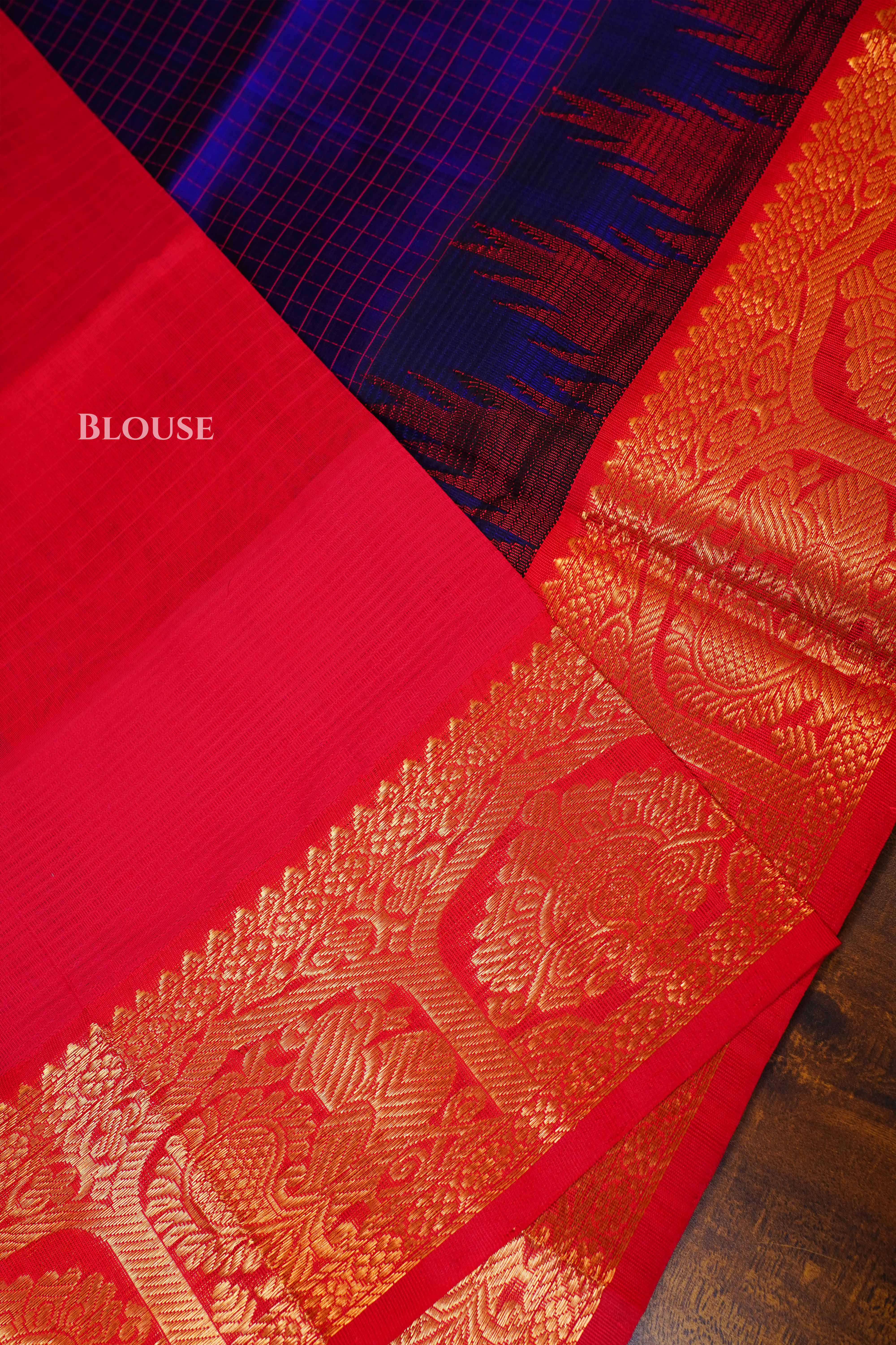 Dark Navy Blue With Red  Pure Kanchi Silk Cotton Saree