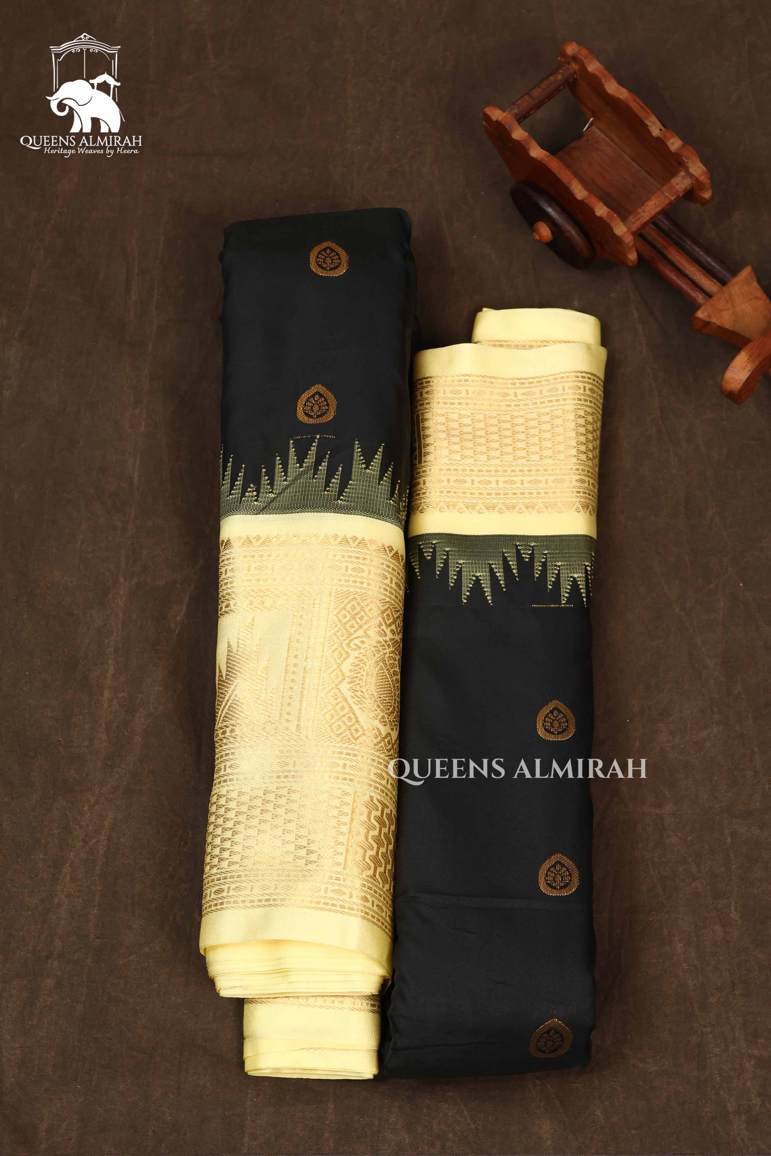 Black With Off White Semi Gadwal Silk Saree