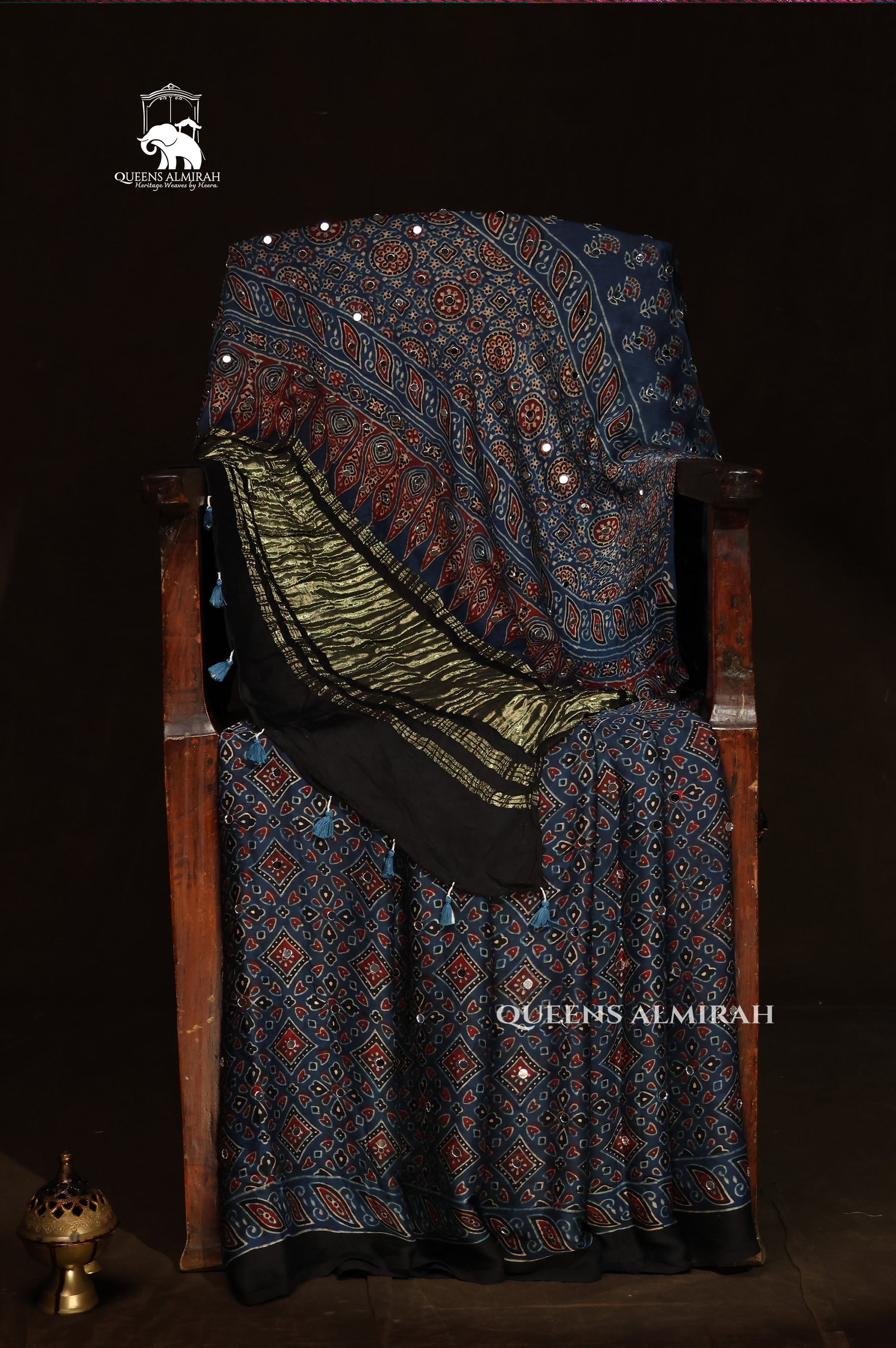 Sridevi Blue Ajrakh Mirror Work Modal Silk Saree