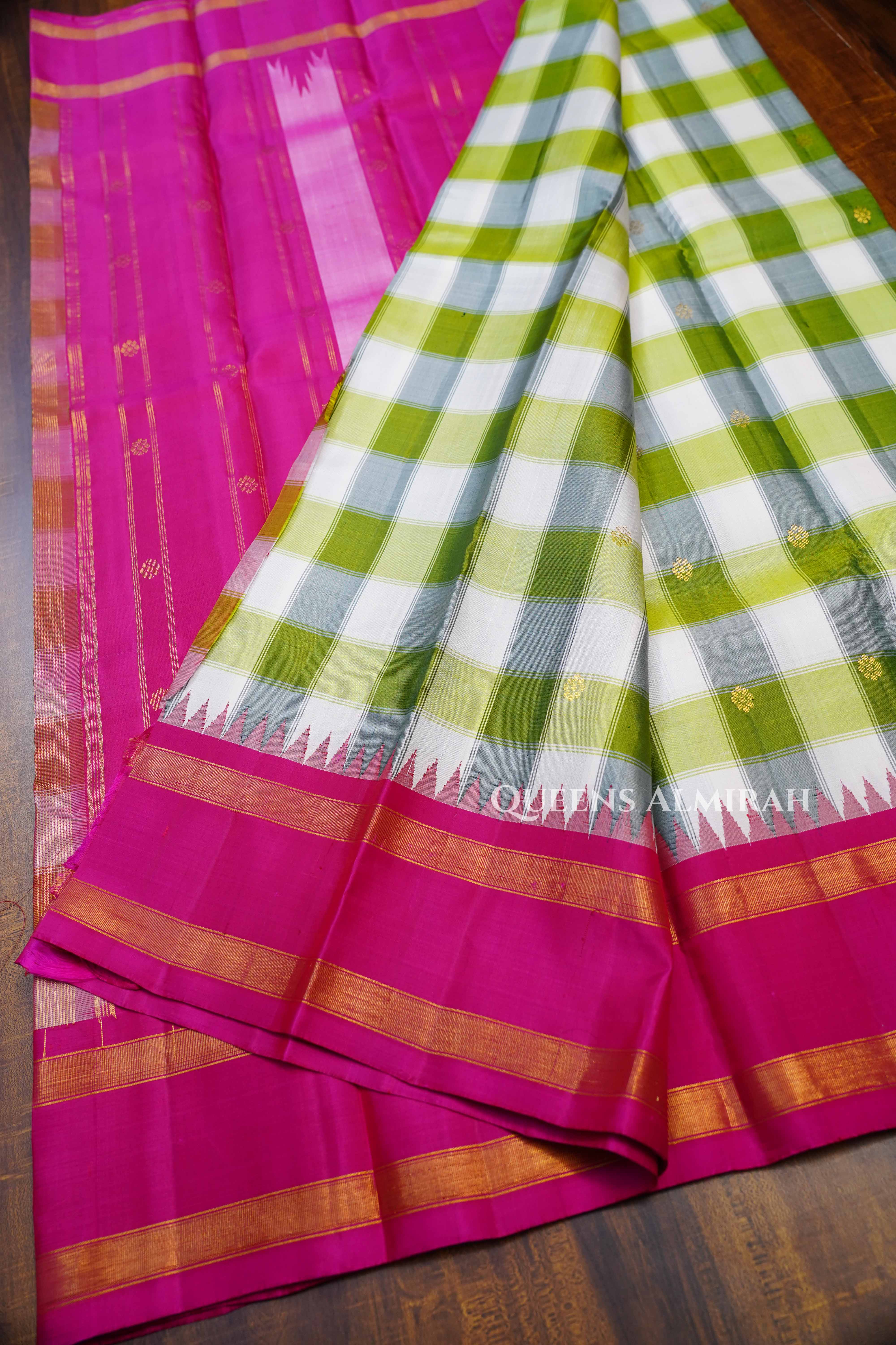 Olive Green And White Checks With Pink Border Kanchivaram Silk Saree