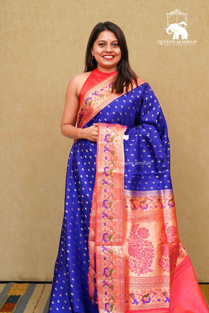 ROYAL BLUE WITH RED SOFT SILK SAREE - Queens Jewel Emporium