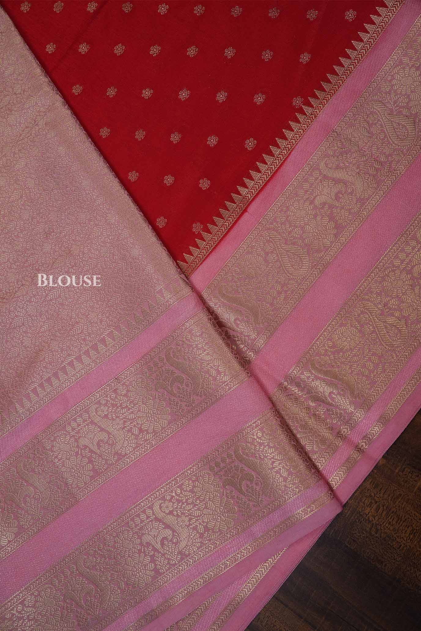 Red With Rose Milk Pink Semi Banarasi Katan Soft Silk Saree