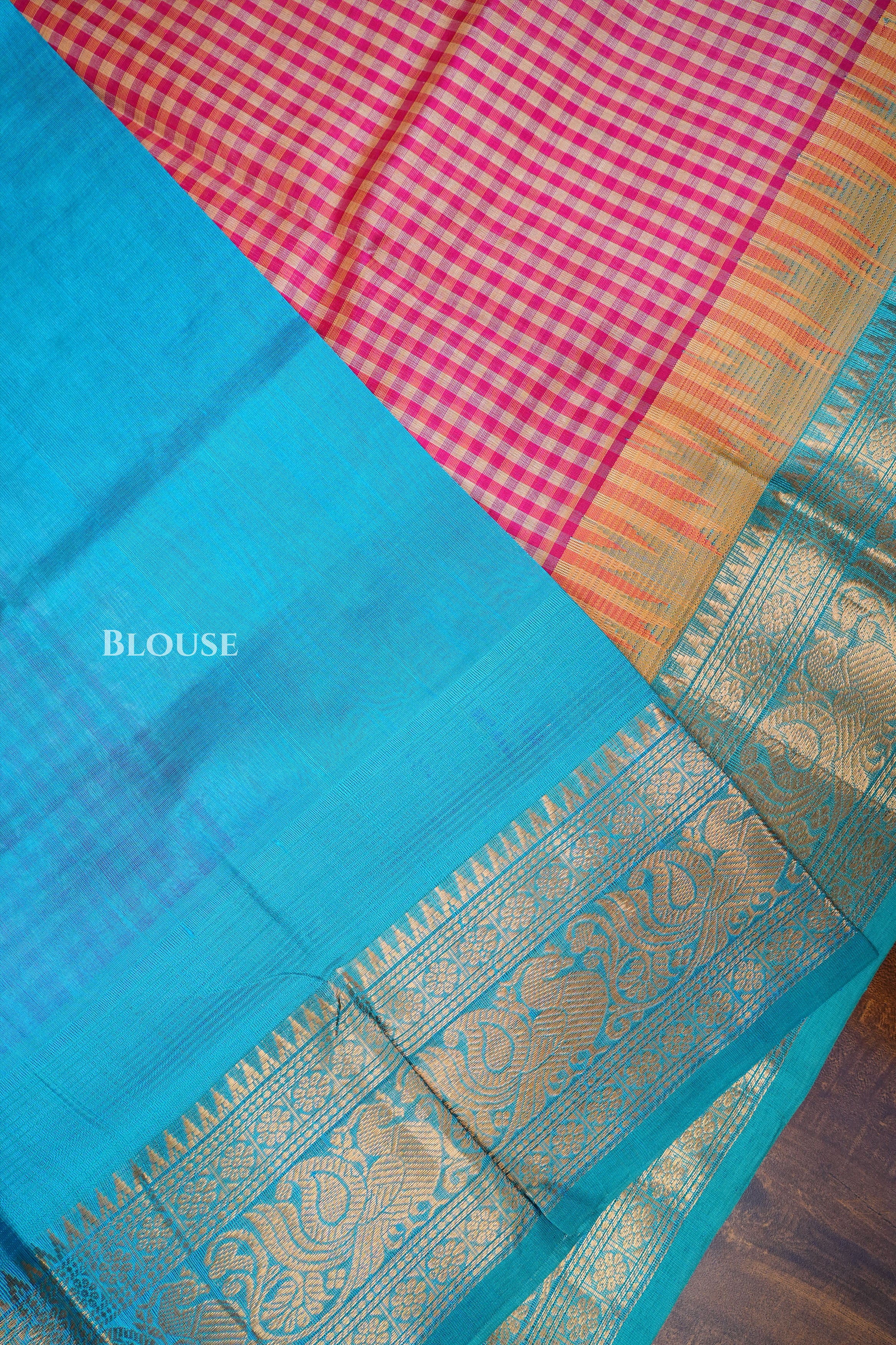 White And Red Checked With Blue Pure Silk Cotton Saree