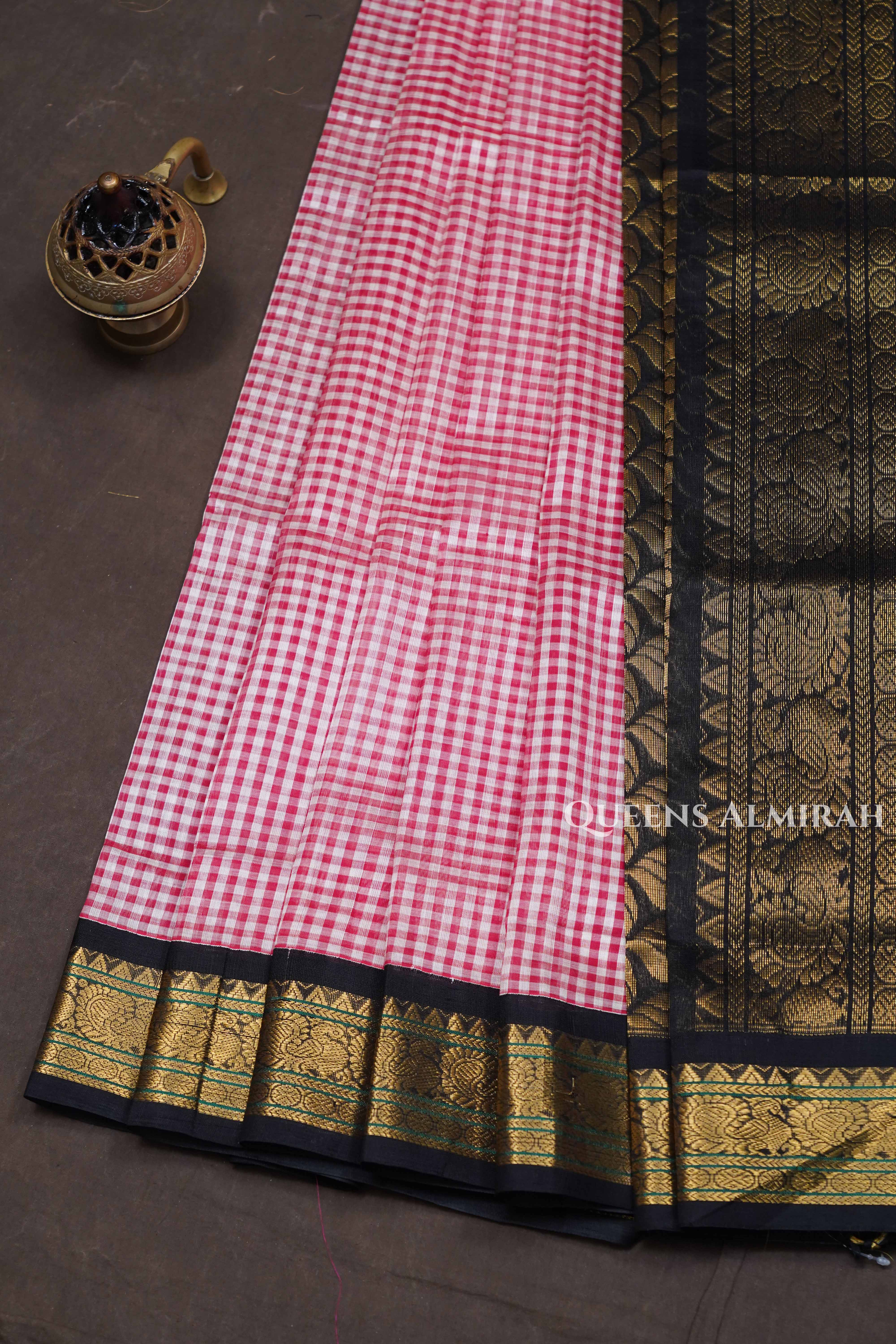 White And Red Checked With Black Pure Silk Cotton Saree