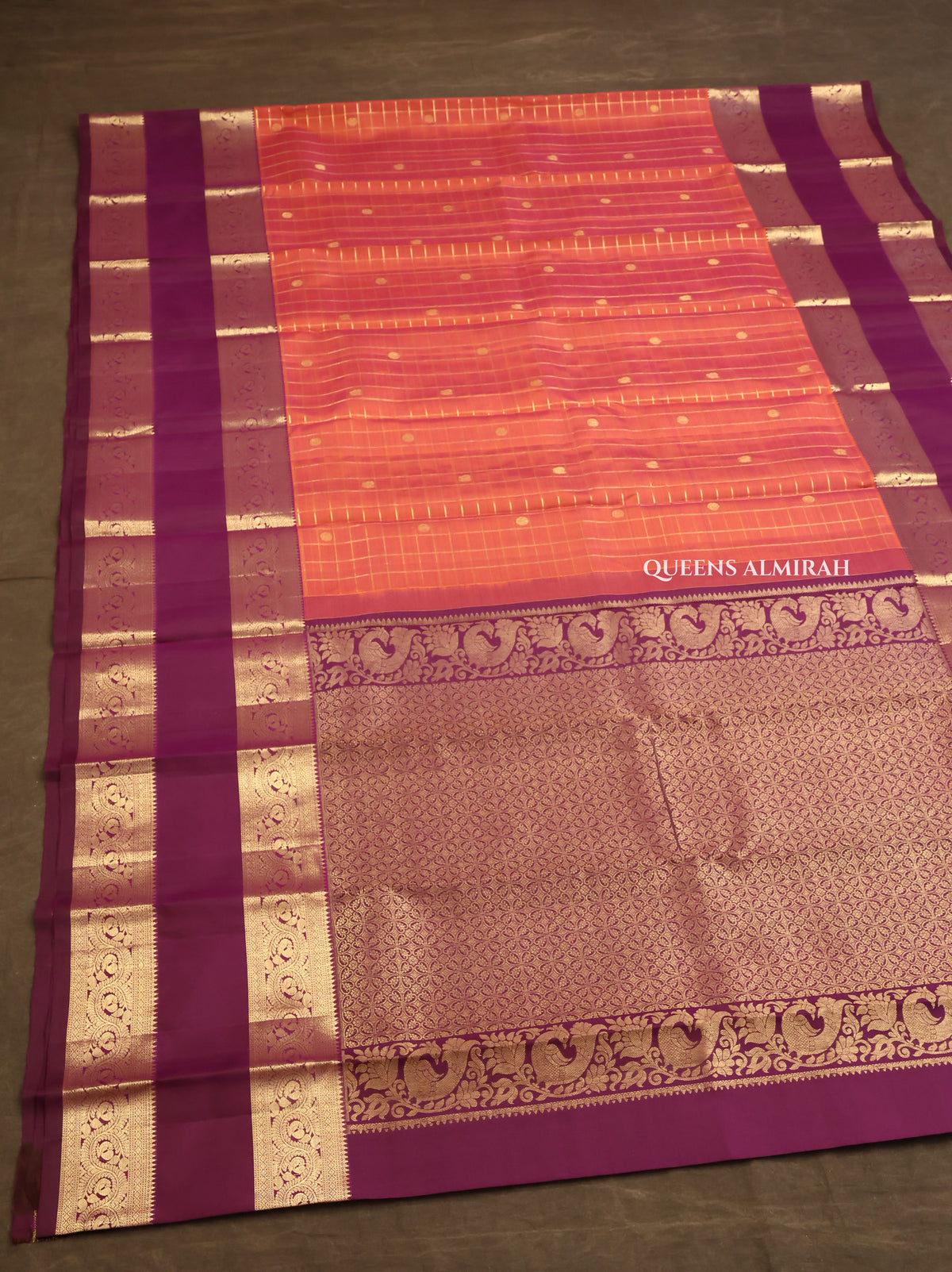 Coral Orange With Purple Pure Kanchivaram Silk Saree
