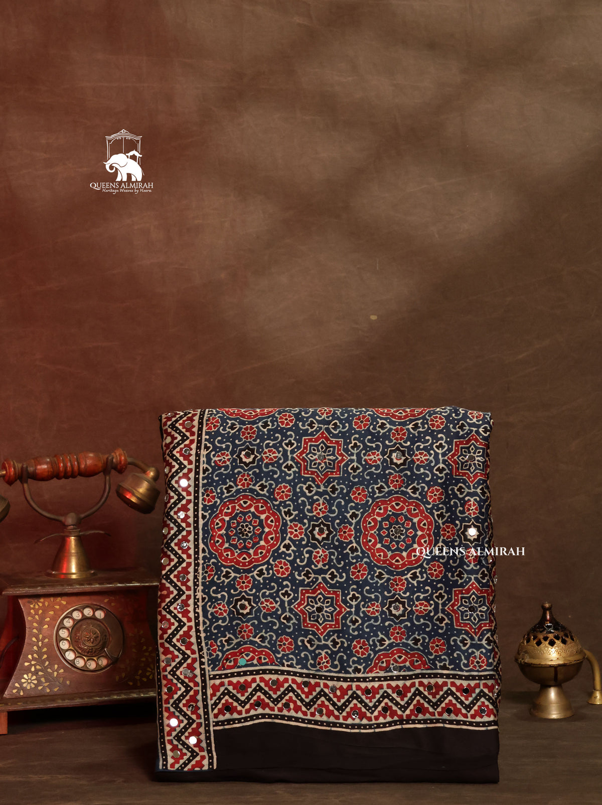 Blue Ajrakh Mirror Work Modal Silk Saree