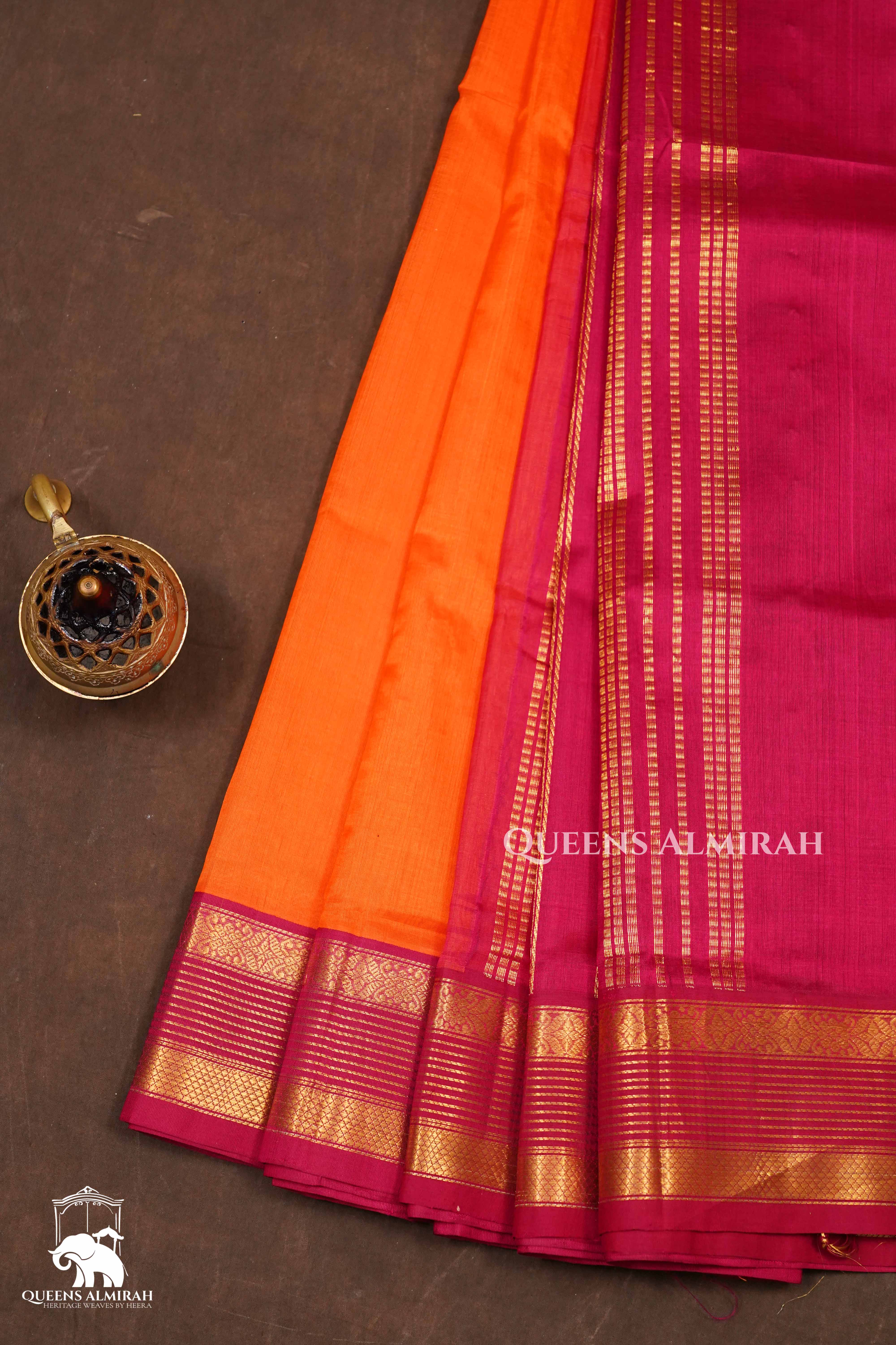 Fanta Orange With Rani Pink Pure Kanchi Silk Cotton Saree