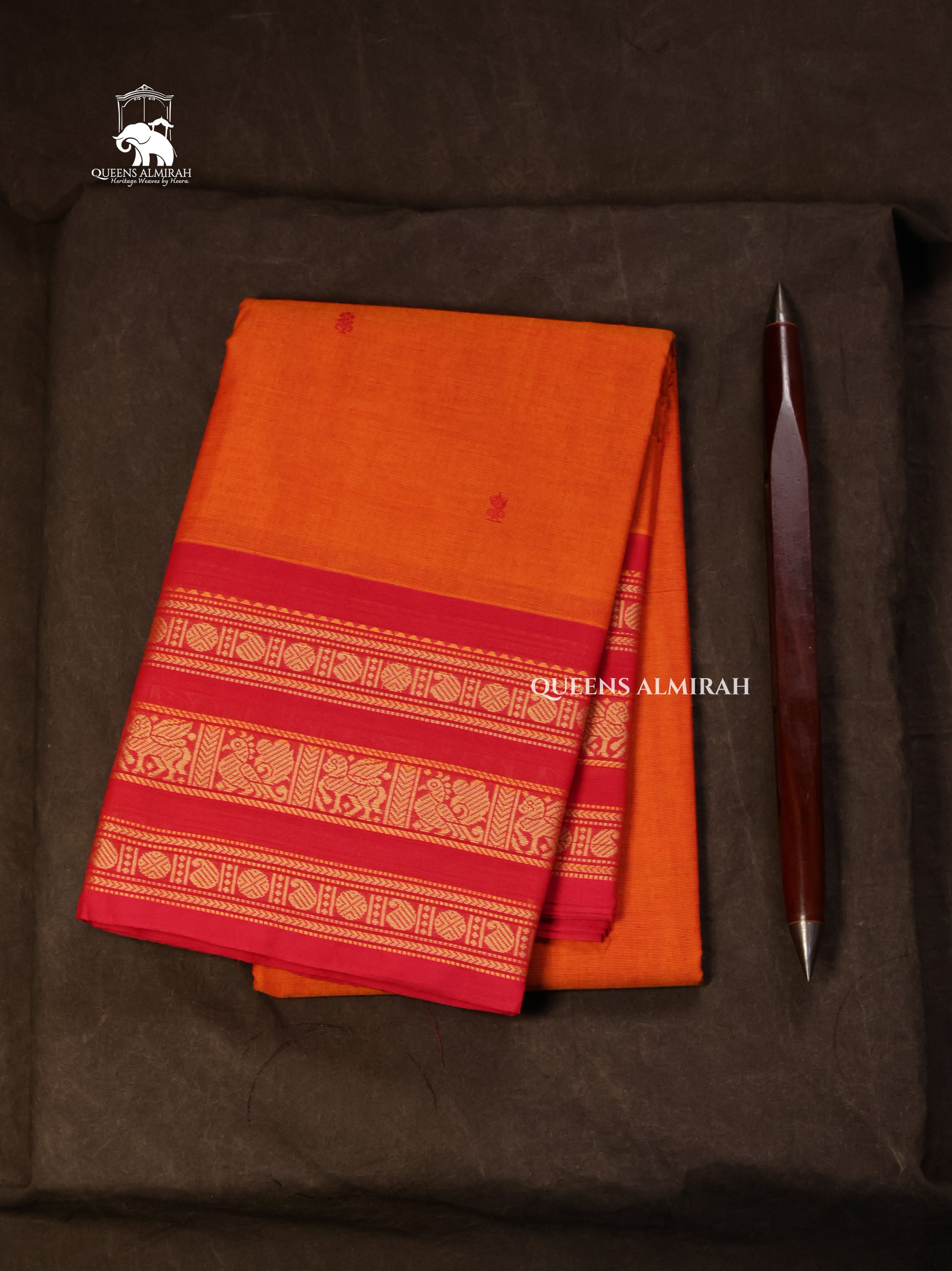 Orange With Red Kanchi Cotton Saree