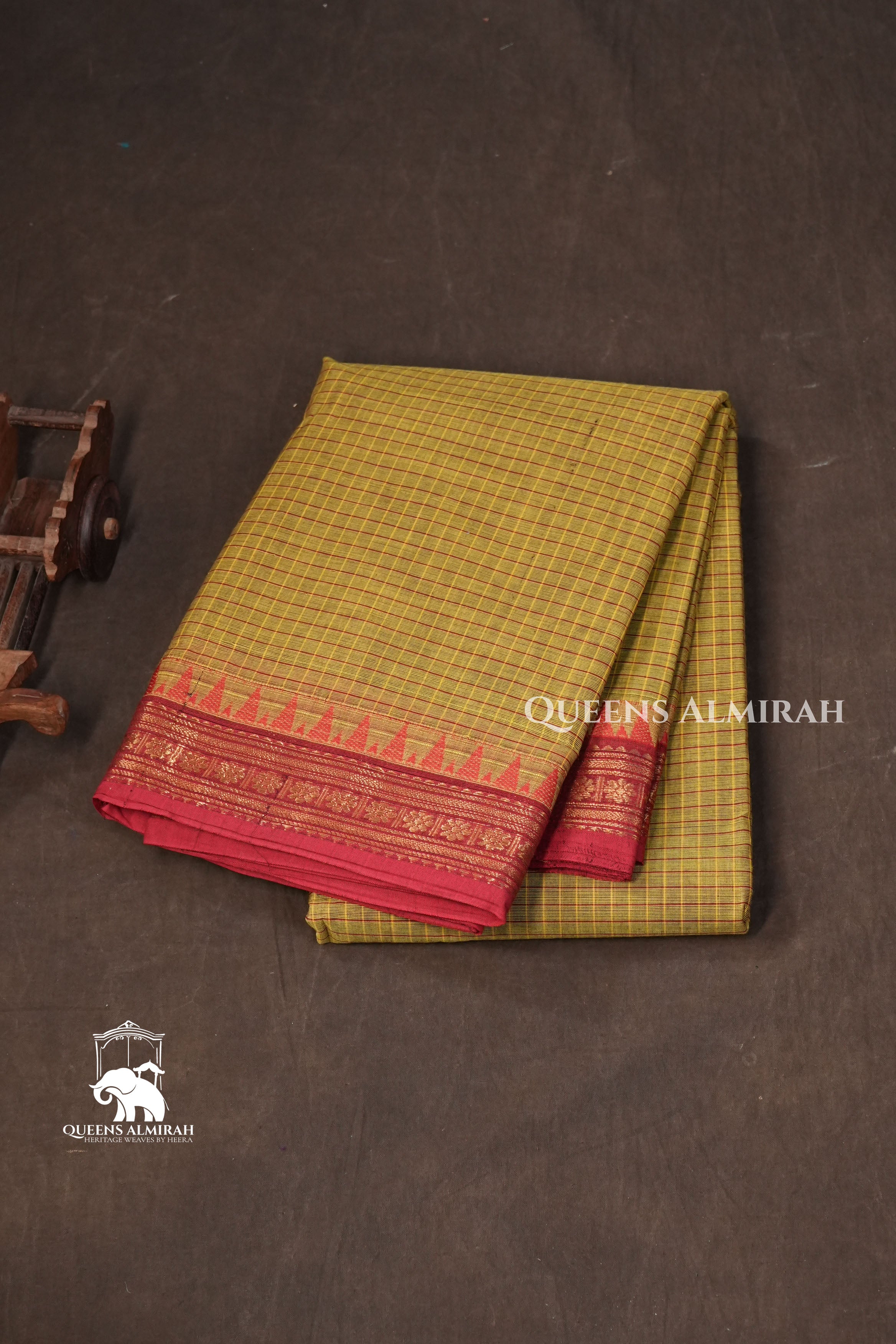 Mustard Green With Red Kanchi Cotton Saree