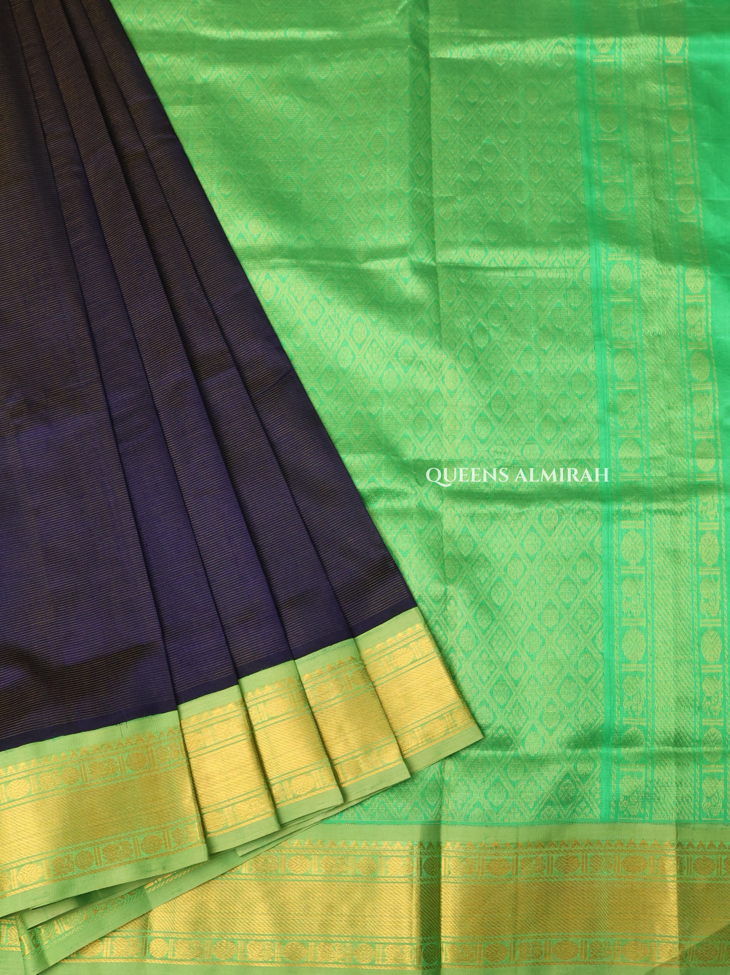 Navy Blue With Green Pure Silk Cotton Saree