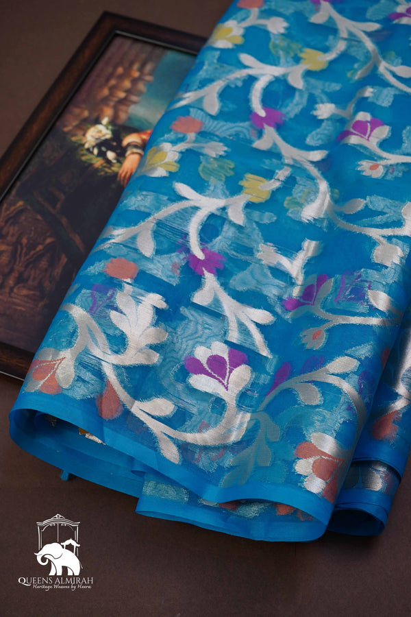 DEEP AQUA BLUE MUSLIN JAMDANI SAREE - Queens Jewel Emporium