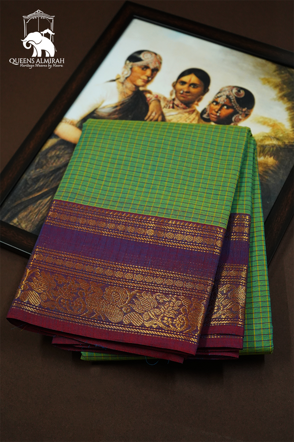 FROG GREEN WITH MUTED PURPLE KANCHI COTTON SAREE - Queens Jewel Emporium