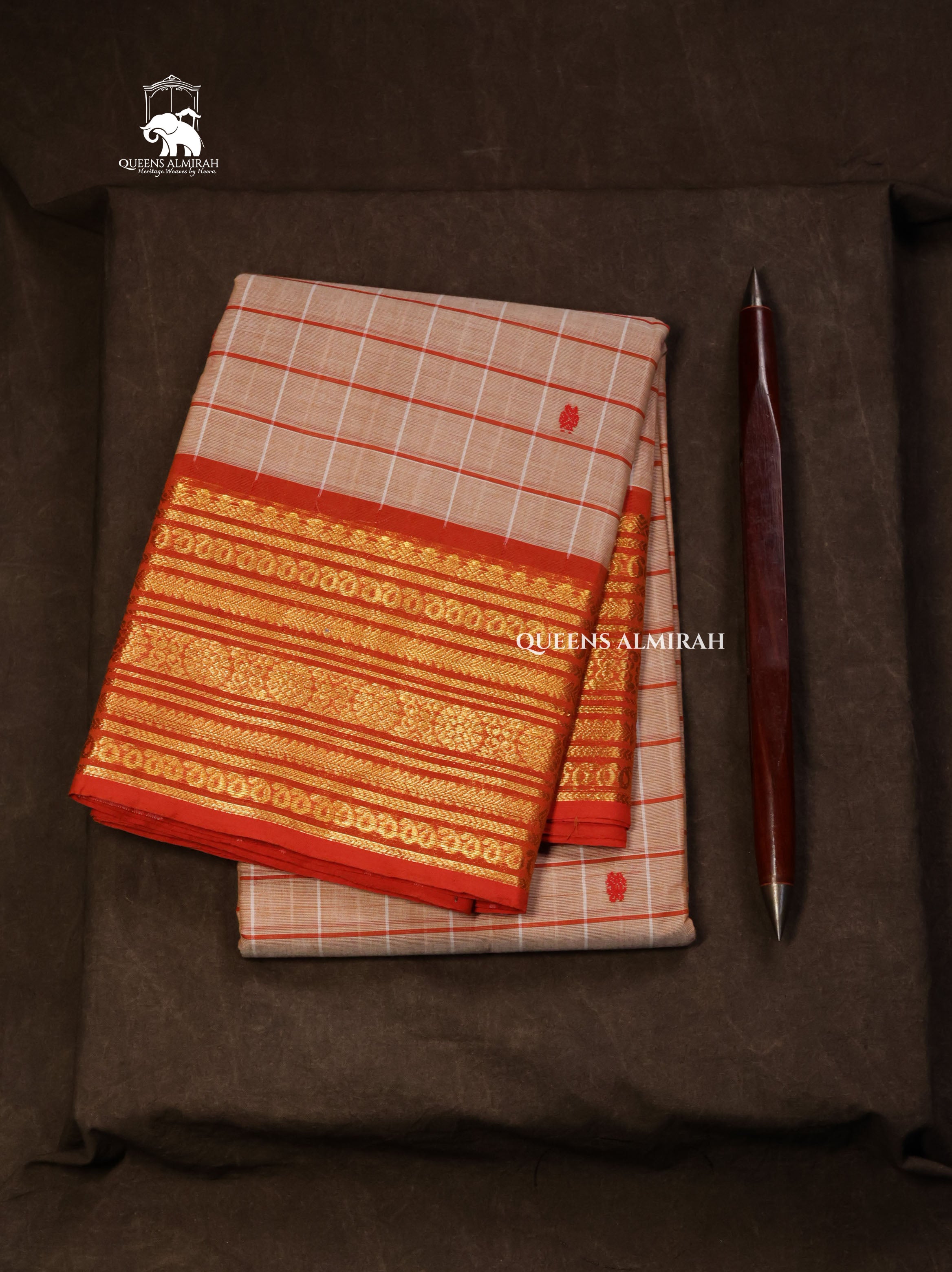 Beige Kattam With Red  Kanchi Cotton Saree
