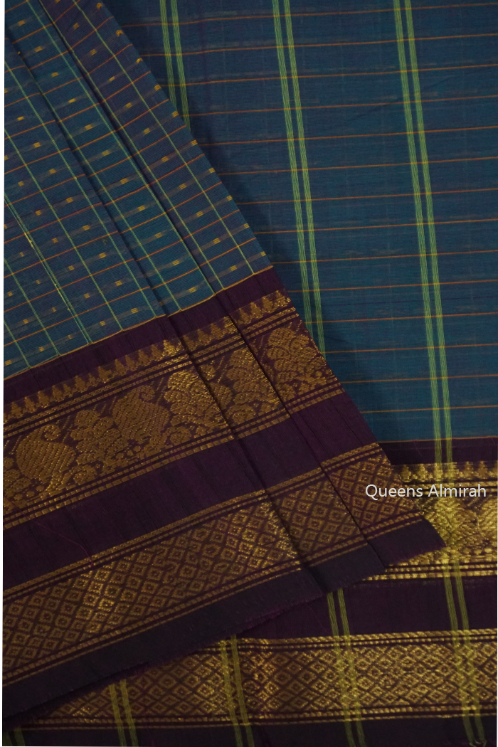 BLUISH CYAN WITH SEAL BROWN KANCHI COTTON SAREE - Queens Jewel Emporium