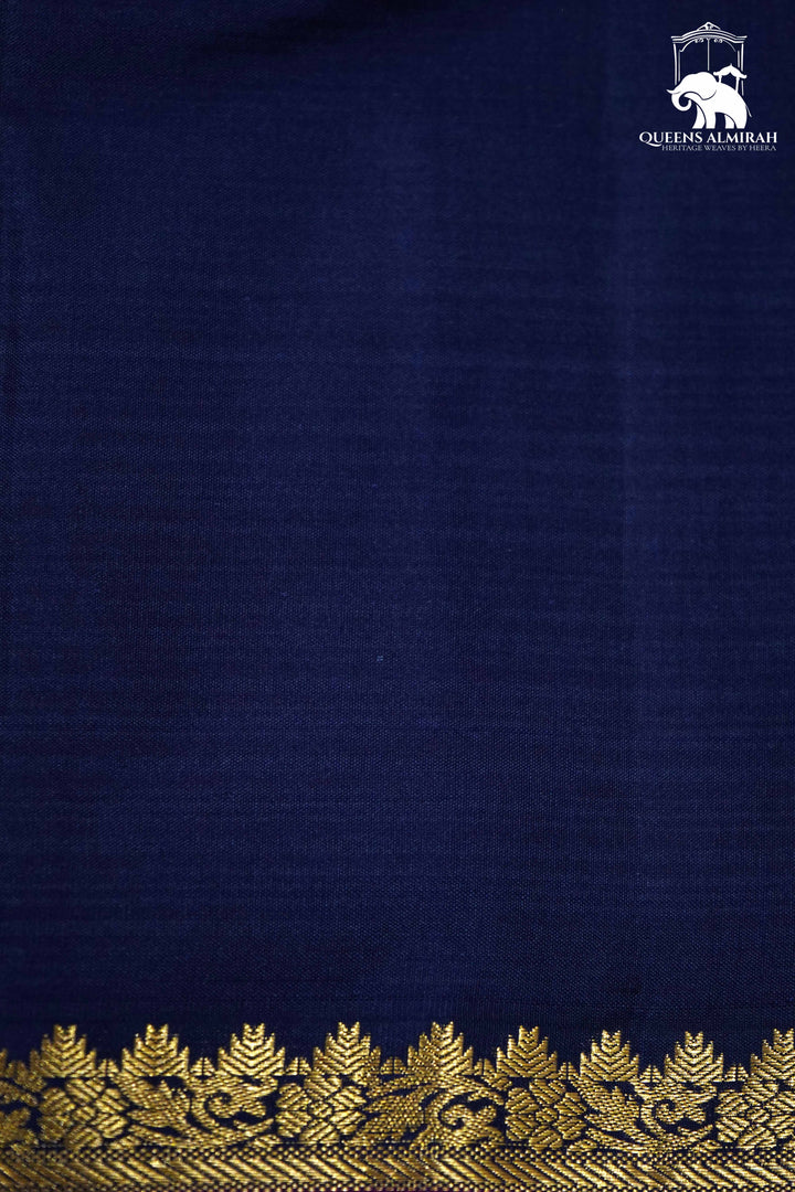 NAVY BLUE WITH GOLD BORDER KANCHIVARAM SILK SAREE - Queens Jewel Emporium