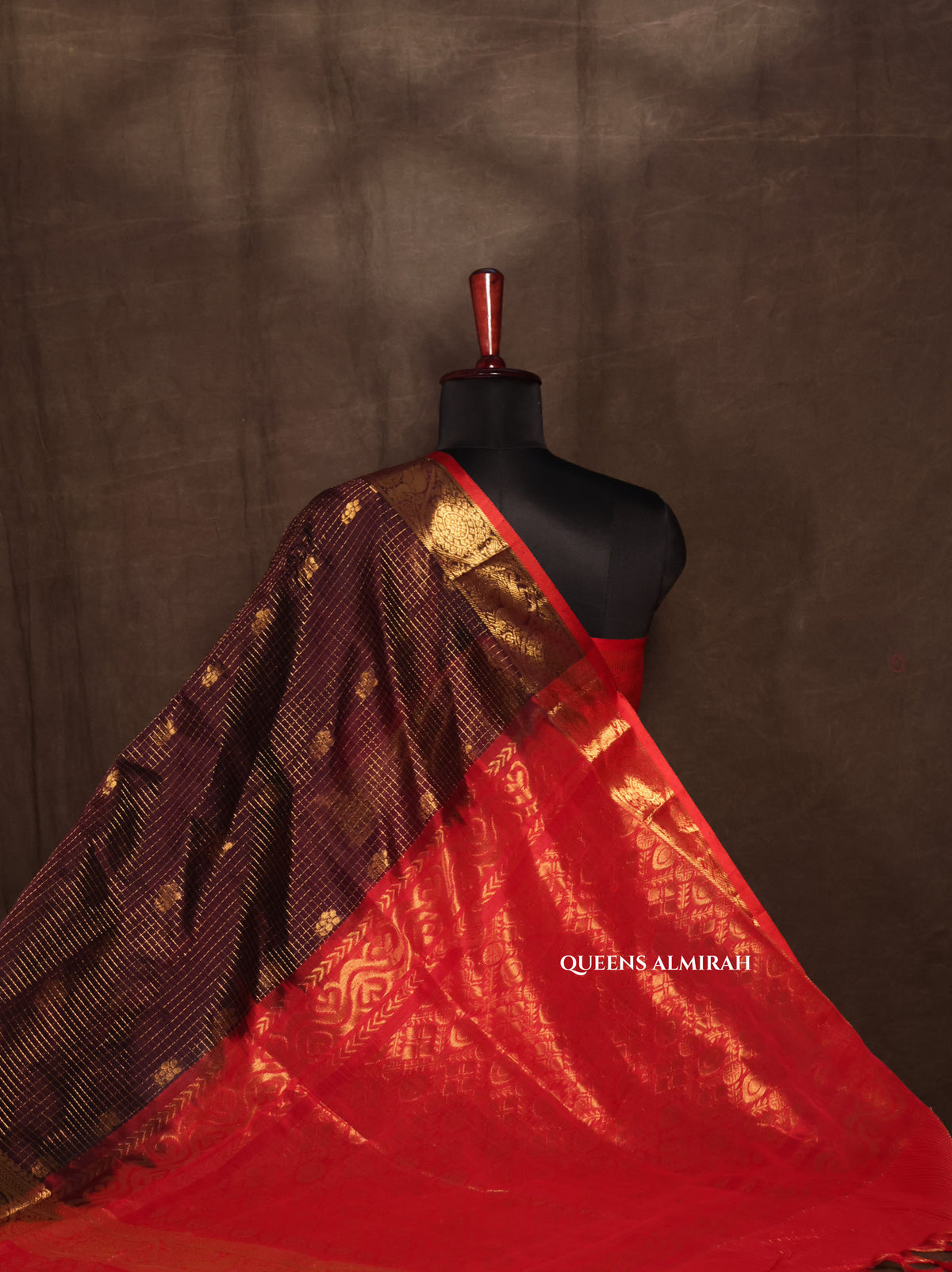 Brown With Red Pure Silk Cotton Saree