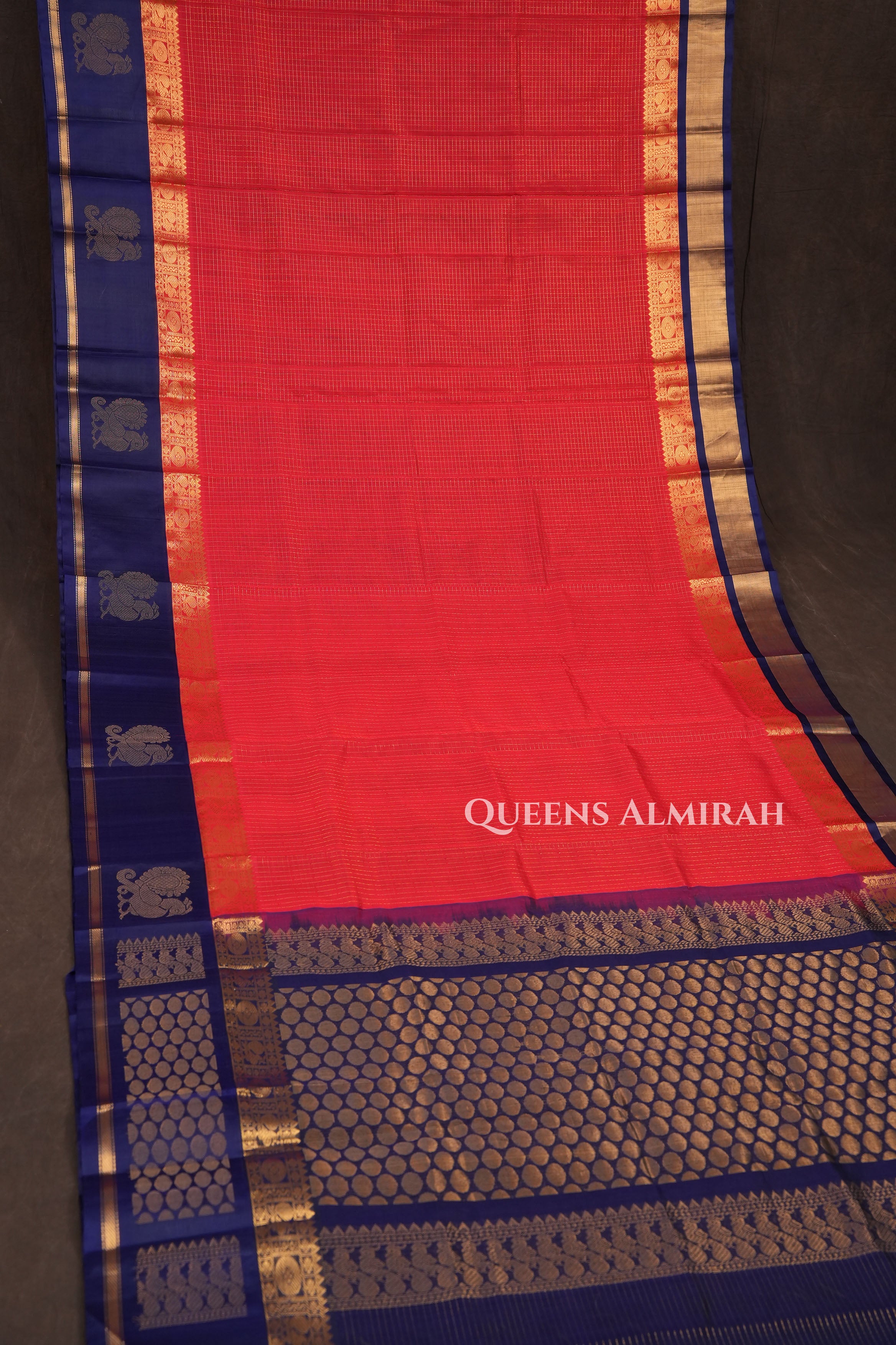 Red With Navy Blue Pure Kanchi Silk Cotton Saree