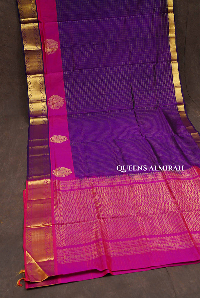 Jamun Fruit Purple With Pink Peacock Border Pure Silk Cotton Saree