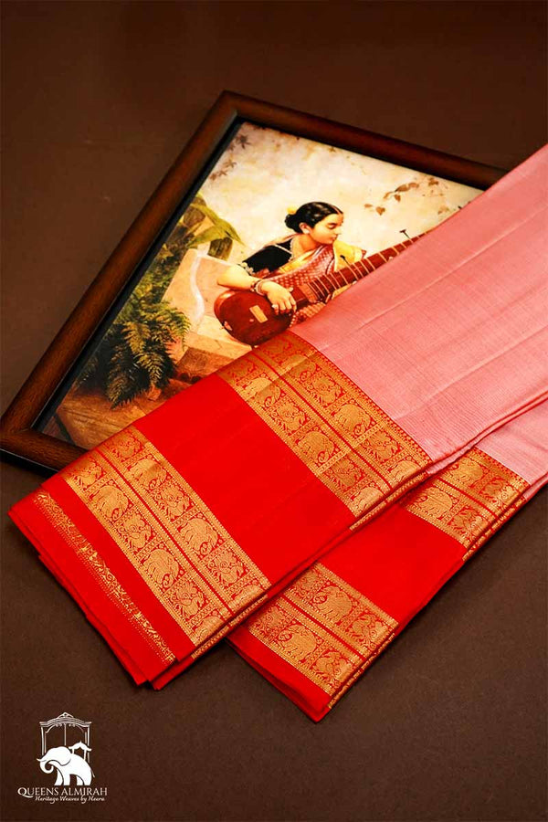 ONION PINK WITH RED RETTA PETTA KANCHIVARAM SAREE - Queens Jewel Emporium