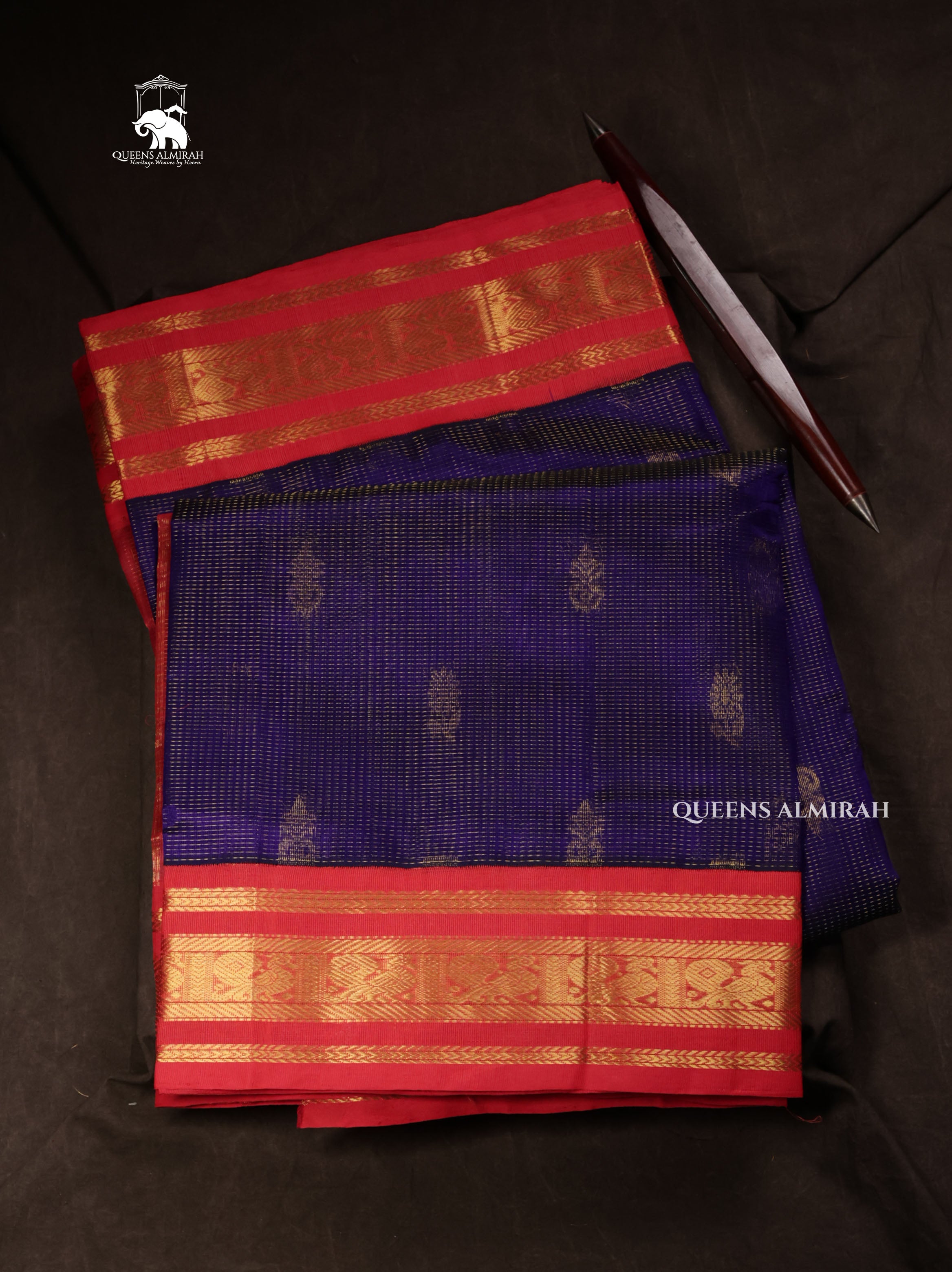 Navy Blue With Red Pure Silk Cotton Saree