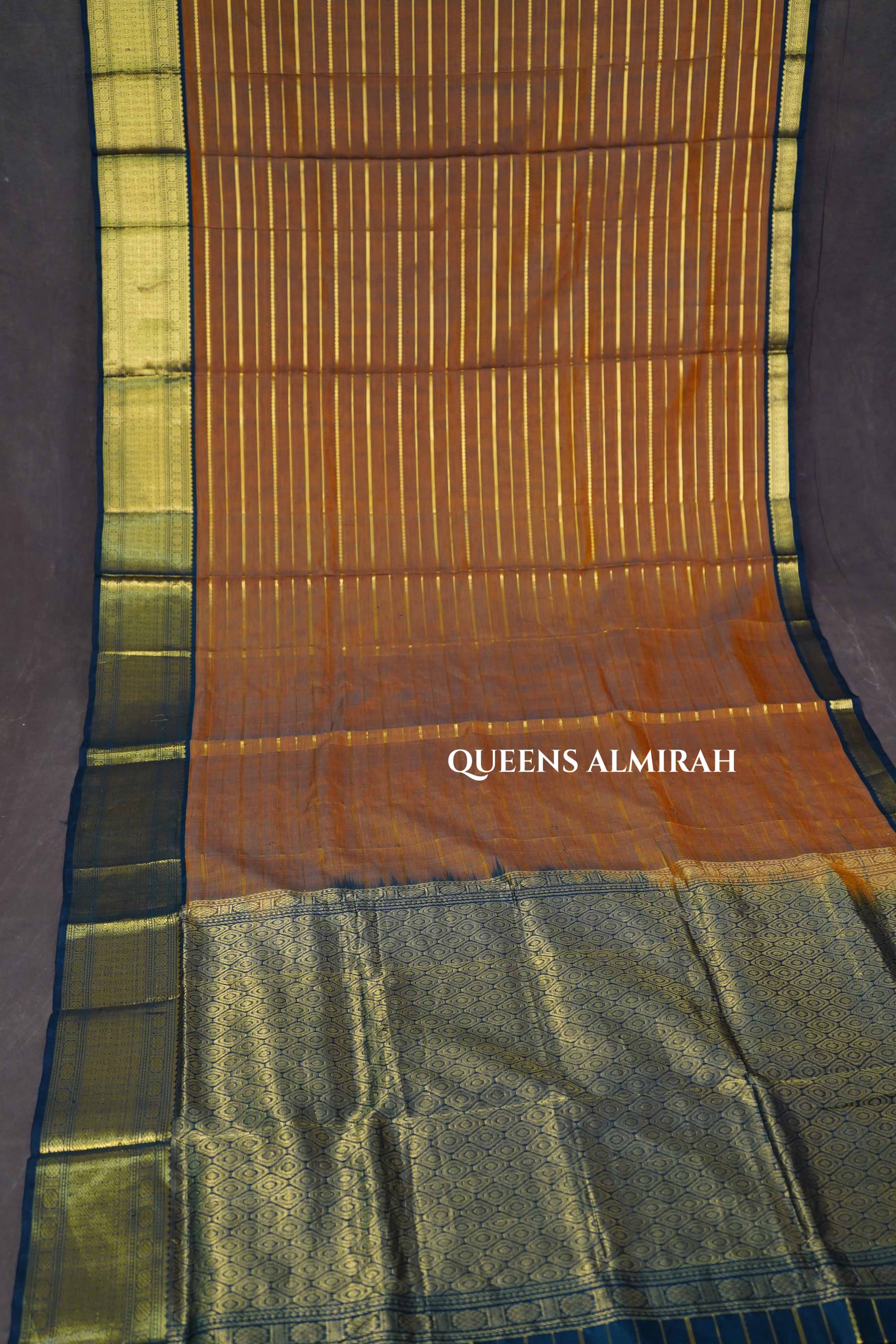 Mustard Brown With Black Pure Silk Cotton Saree
