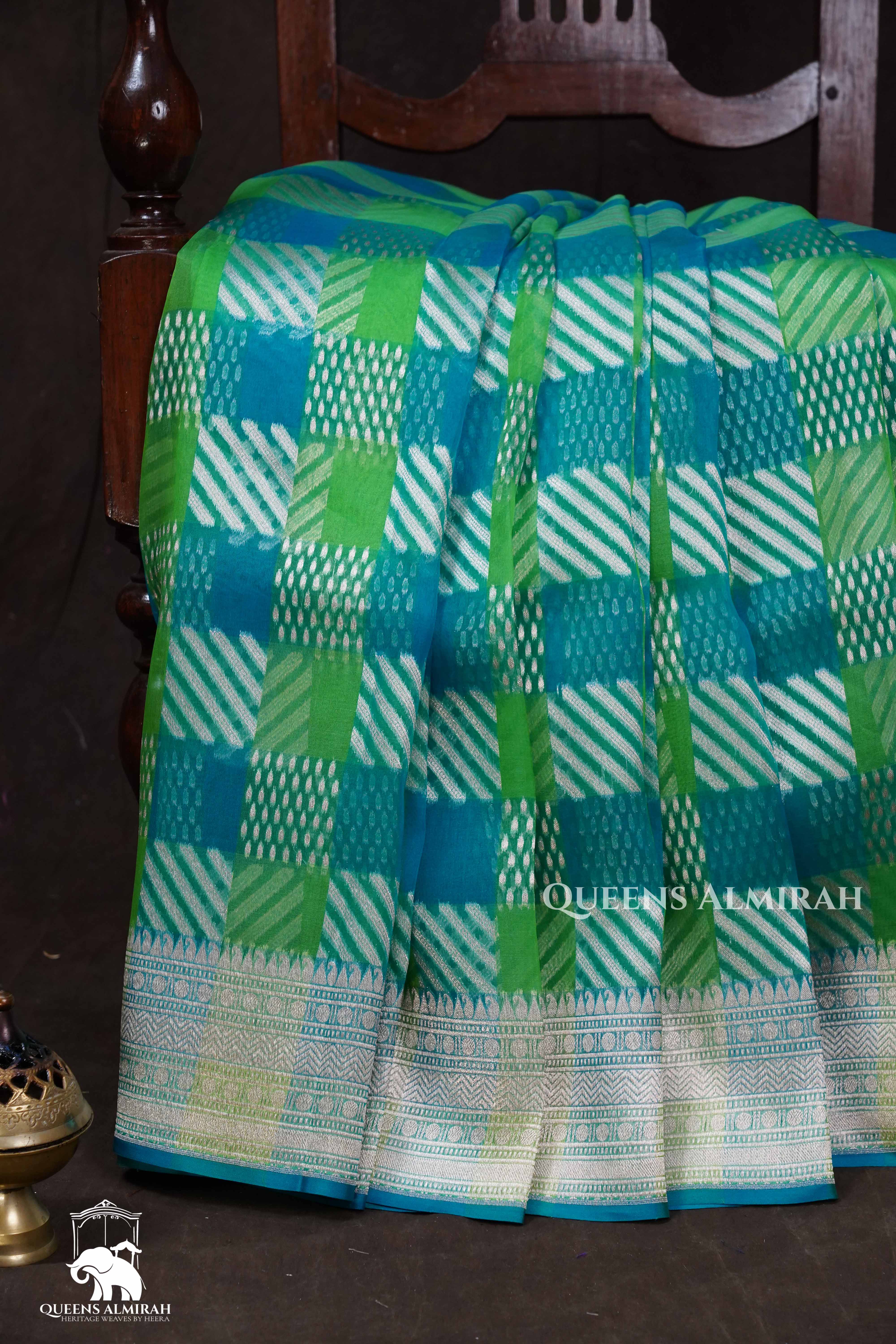 Blue And Green Banarasi Organza Silk Saree