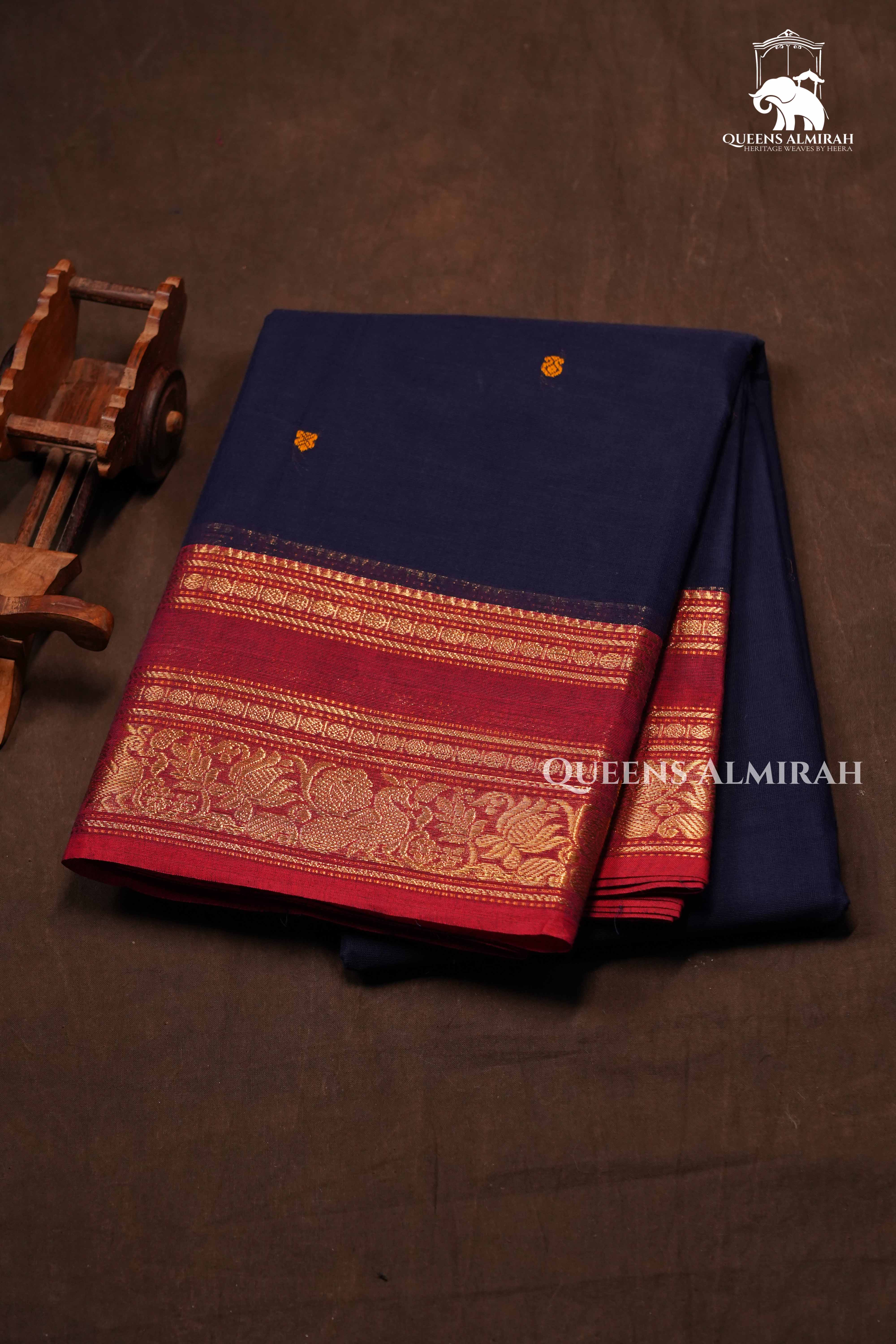 Dark Navy With Red Kanchi Cotton Saree