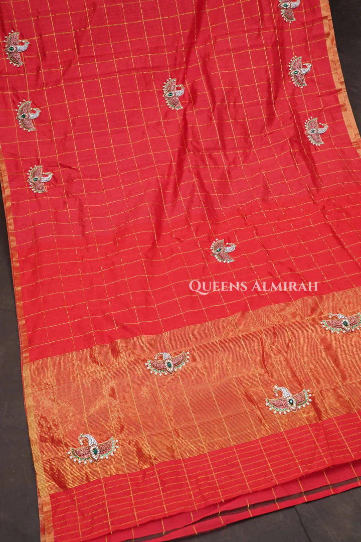 Red Maya Pakshi Designer Pure Chanderi Silk Saree