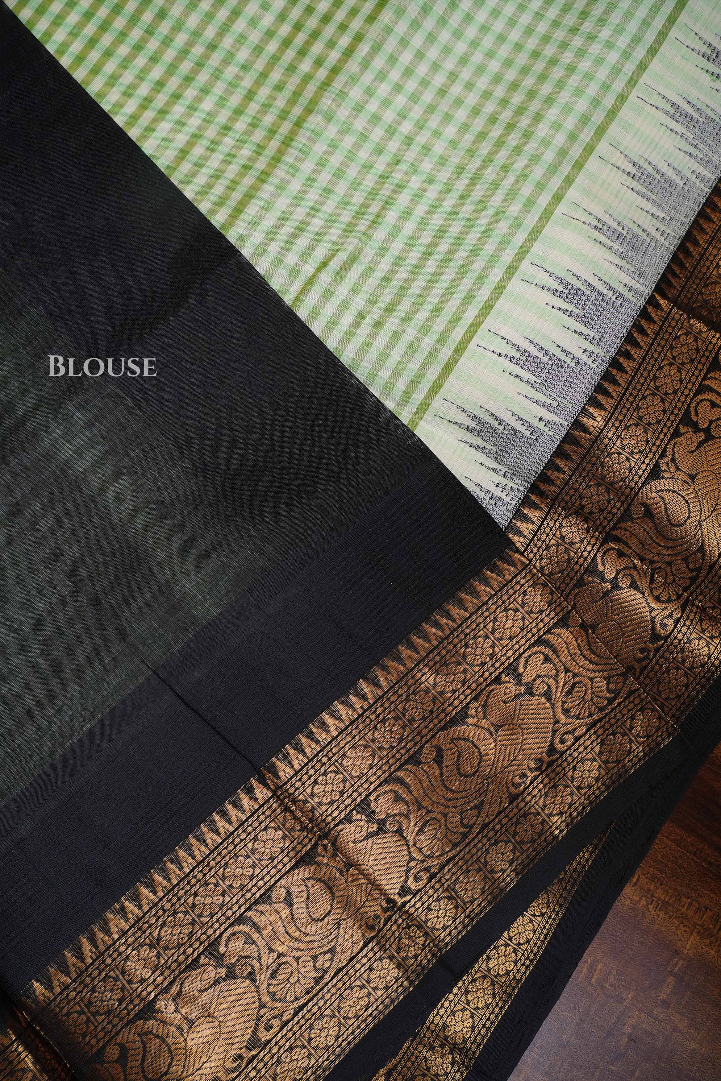White And Green Checked With Black Pure Silk Cotton Saree