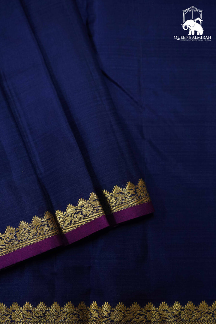 NAVY BLUE WITH GOLD BORDER KANCHIVARAM SILK SAREE - Queens Jewel Emporium