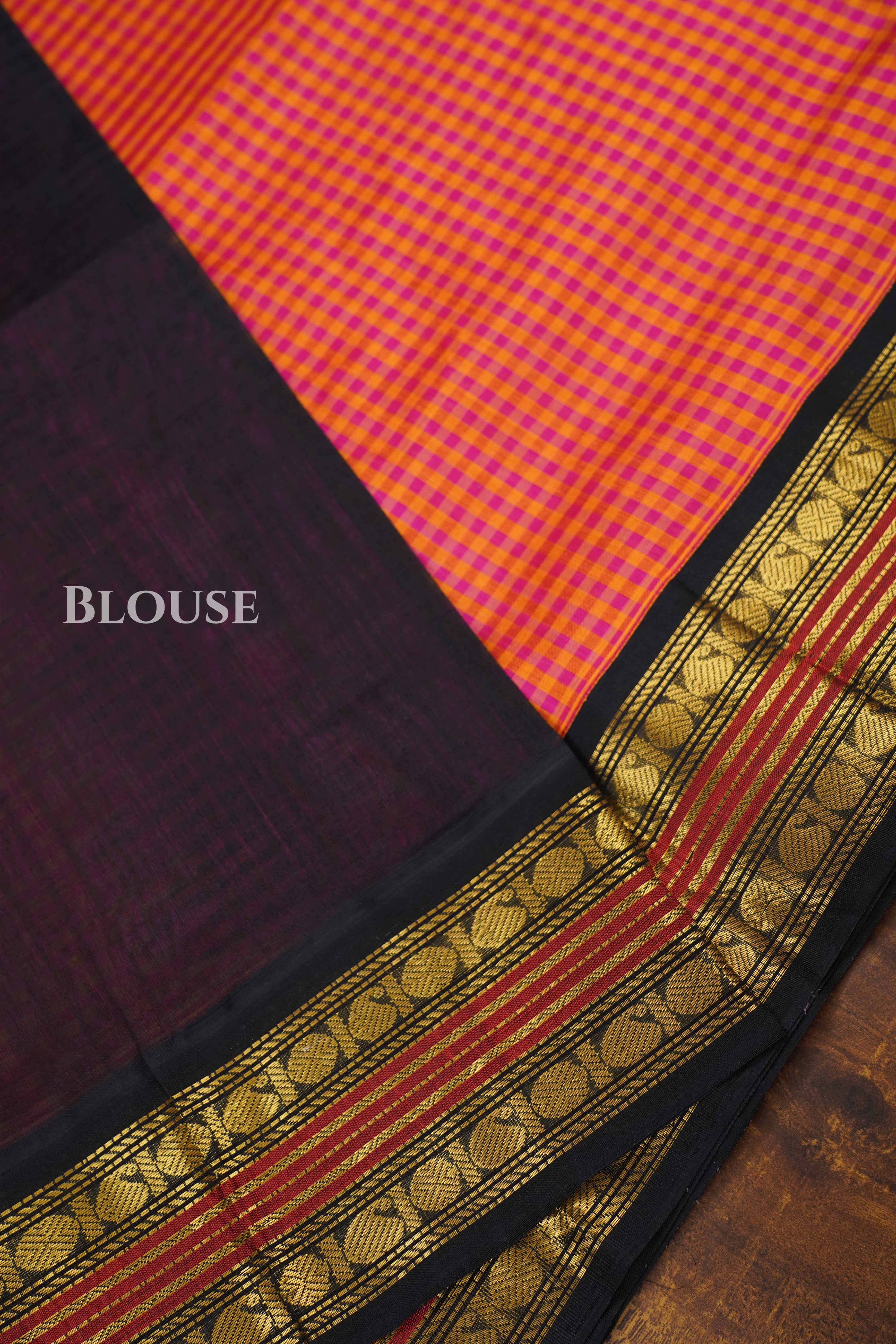 Red With Yellow Checks Pure Silk Cotton Saree