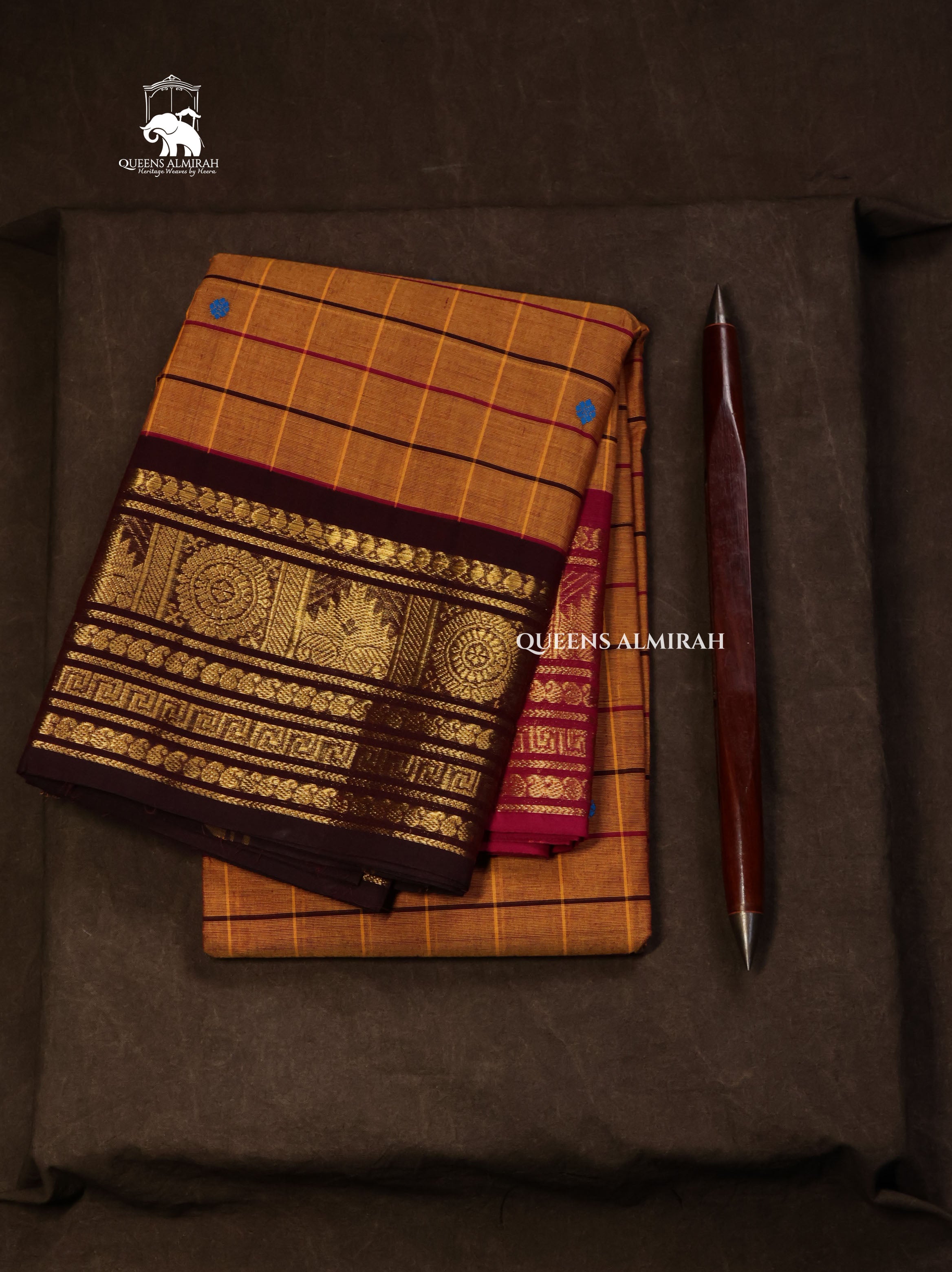 Mustard Yellow Kattam With Ganga Jamuna Border Kanchi Cotton Saree