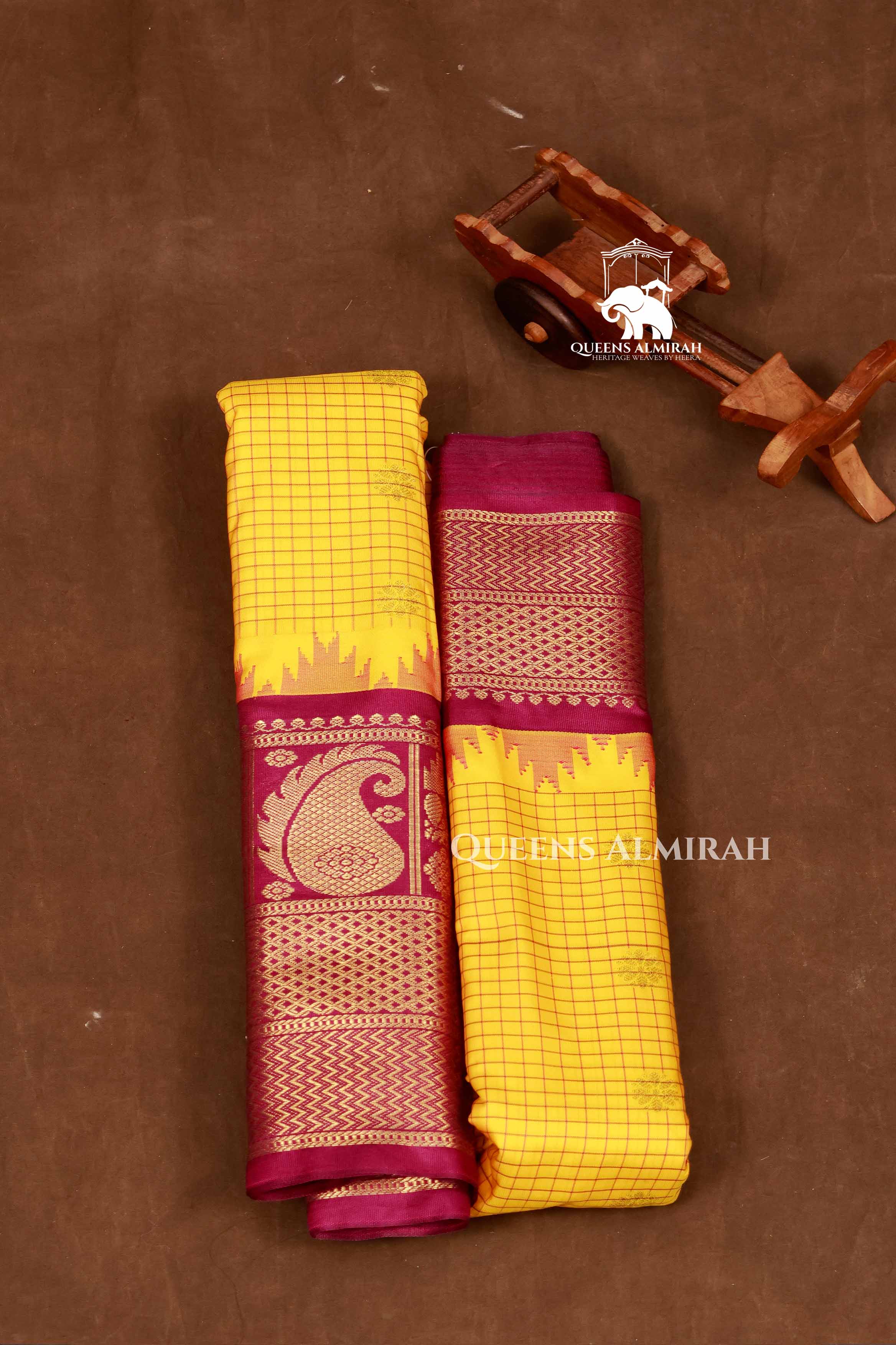 Turmeric Yellow And Maroon Semi Gadwal Silk Saree
